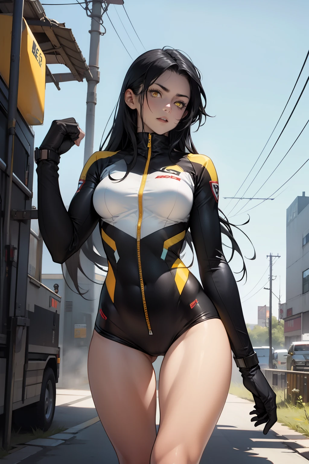 1 girl, black hair, yellow eyes, very long hair, pale skin, fit body, slender body, slim waist, large breasts, (confident expression), pilot suit, thigh gap, bare thighs, thighs bare, sleeveless, zipper down to show clavicles, bare clavicles, faint smile