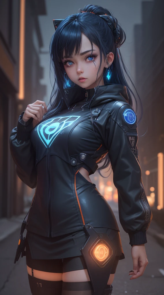 Unreal Engine:1.4,UHD, The Best Quality :1.4, fotor realistic :1.4,  skin texture:1.4,  Masterpiece:1.8,( Masterpiece,  The Best Quality , 1girl, only,  intricate details , chromatic abberation),  realistic , ((medium breathment)), Long black hair with bangs, blue reflections,cyberpunk lingerie network,pantyhose,(orange miniskirt), blue background light Hair over one eye,  blue eyes, Earrings, Sharp eyes, cyborg robot, Neon Shirt,white Open jacket, (symmetry eyes),(perfect symmetrical body),ciborg:1.4,CG, Night bokeh lights, Graffiti, dim lighting, street alley ,franco,,beautiful thin hands,papel tapiz,Nikon 85mm,dynamic poses,  realistic :1.5,Fine details, octane rendering , RAW photo:1.2,realism:1.4,fi fantasy art,CG:1.4