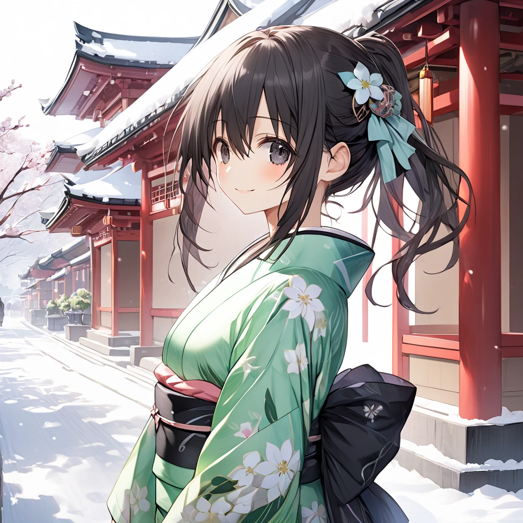 ( 1 girl), Green \(Neptunia )\, black hair, black eyes,(smile:1.5)、blush、(low ponytail:1.5), (long sidelocks:1.5), ,( small tits:1.5),(Floral Yukata:1.5),( muffler :1.5),gloves,snow,Shrine promenade、front、whole body、( perfect anatomy ),( best quality), ( ultra hi-res), (超 high definition ), ( Highly Detailed CG), (32K), (masterpiece)、eyesHD