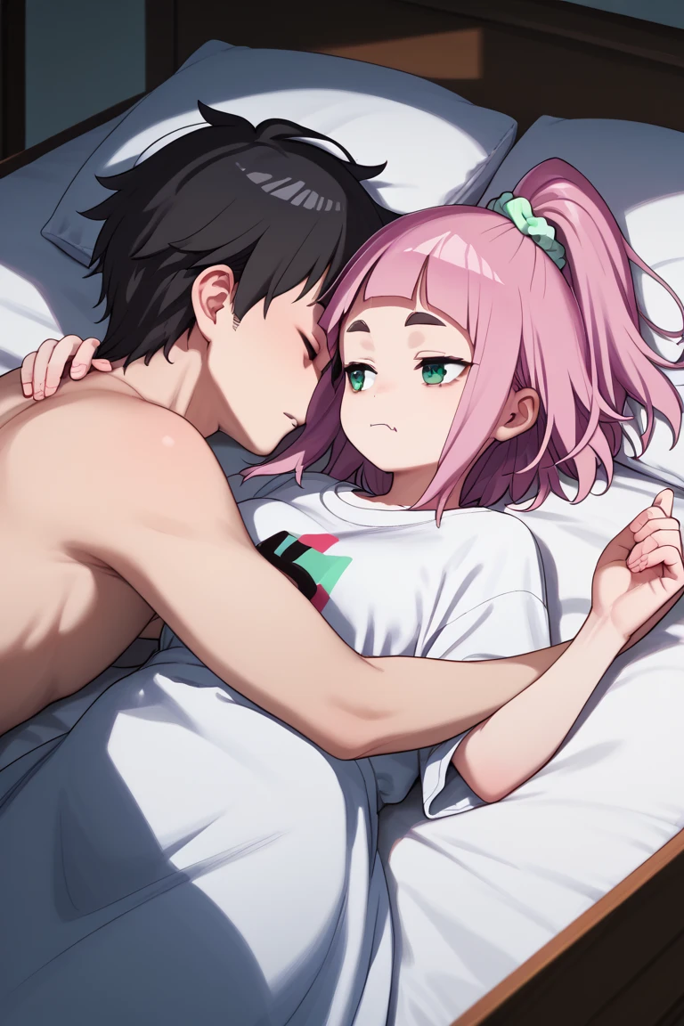  source_anime,
kiuiwatase, kiui watase, short hair, bangs, hair ornament, green eyes, pink hair, thick eyebrows, hair scrunchie, scrunchie, ponytail, blunt bangs,
skin fang, large breasts,            couple, lying together, 1girl, shorter arms,smaller, petite, holding him,1male, close to her, 1girl, 1boy, couple (relationship), sleeping together, couple, hetero male, light skinnend male black haired male, on bed, lying on bed, bedroom, cowboy shot, male with black hair,