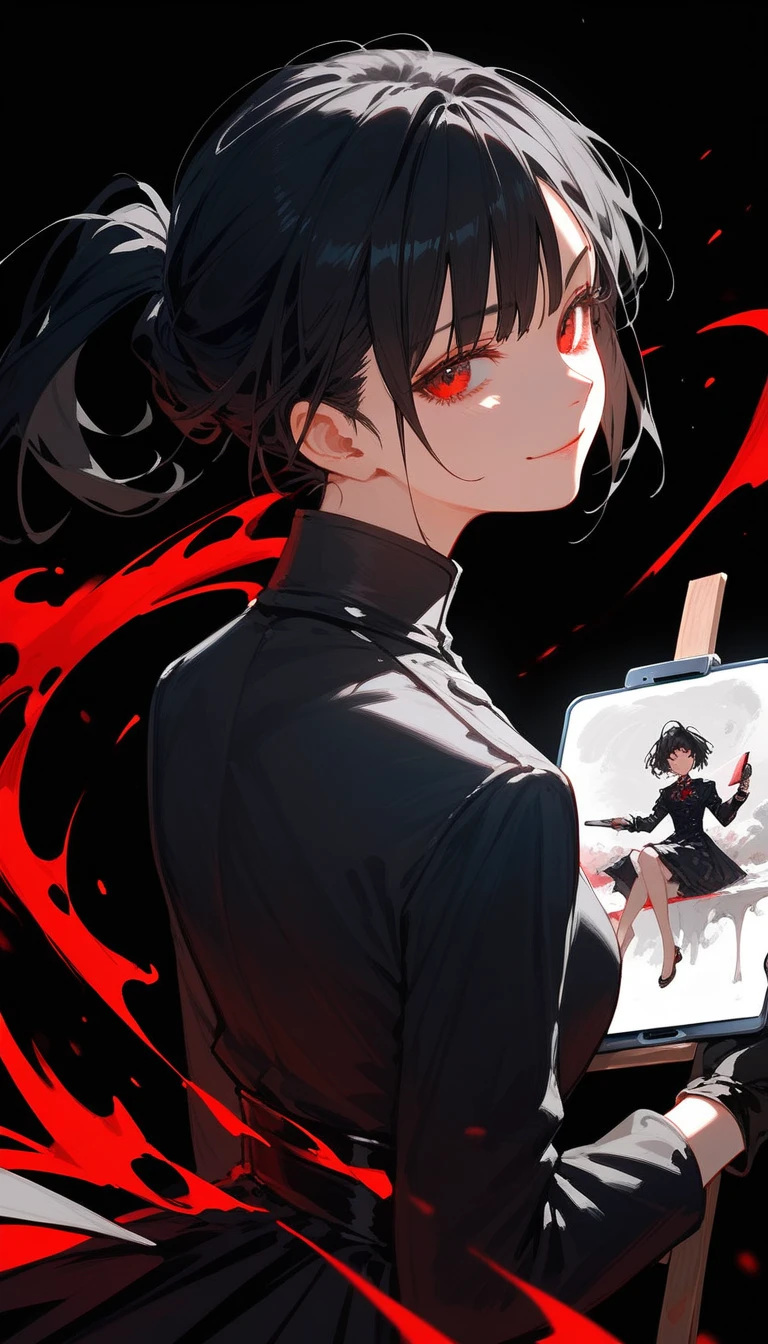 girl,Black hair, thin hair, slightly white, in red eyes , pretty short hair , long ponytail ,Paintings, Evil, Black Dress with Long Sleeves Closure, Chestnut-sized, Black long-sleeved shirt , put on black gloves, with a slight smile, black background, (((holding smartphone)))