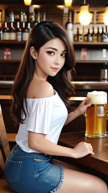 UHD, masterpiece, anatomically correct, super detail, best quality, 8k,  sharp focus 、( bust up shot :1.4)、Bust, Passport Photo,  full face, (Woman relaxing in beer hall :1.2)、 one beautiful woman 、28 years old、Tokyo、 woman drinking alcohol while seated in beer hall、 elegant hairstyle 、 white off-shoulder plain t-shirt 、Beautifully depicted eyes 、(( viewers:1.8)), ( staring at the camera)、 standing with different breasts 、 anatomically correct hands working in modern cities、 anatomically correct legs 、 accurate finger depiction 、