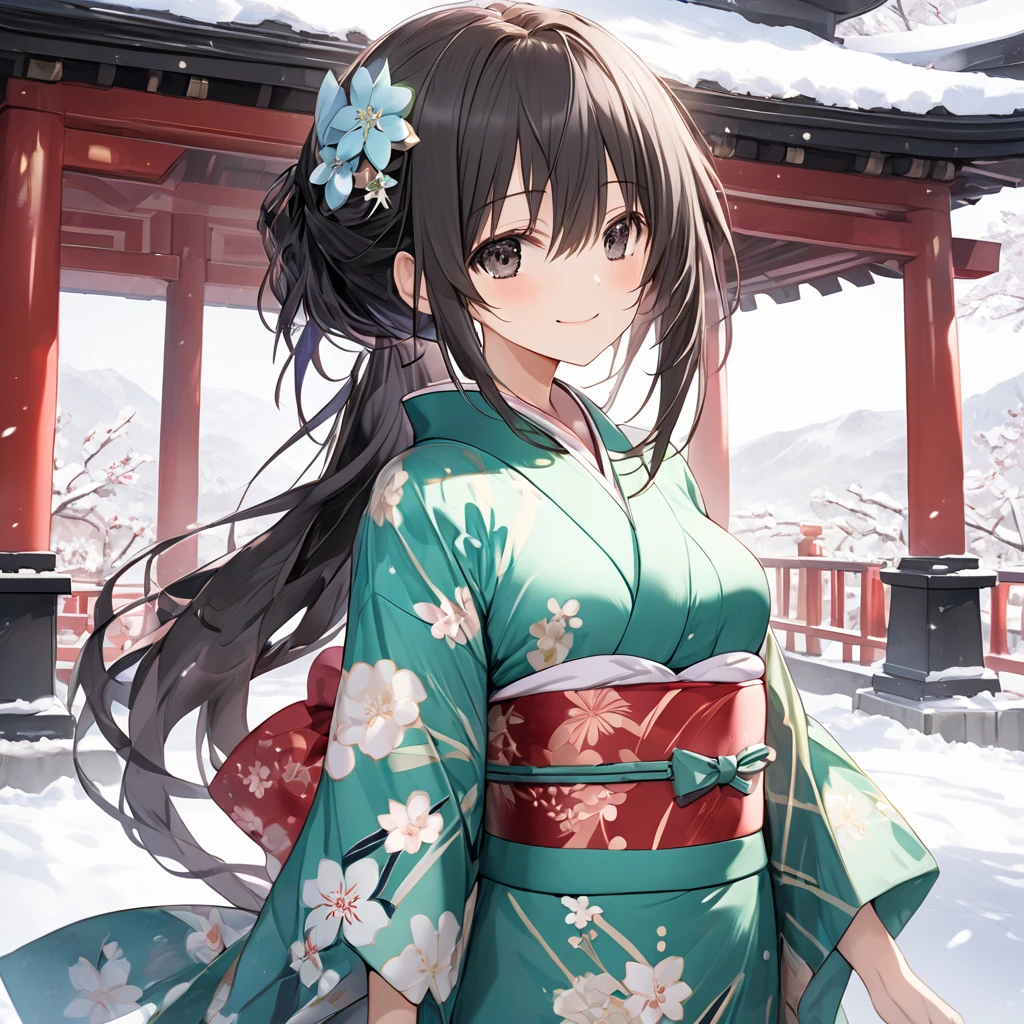 ( 1 girl), Green \(Neptunia )\, black hair, black eyes,(smile:1.5)、blush、(low ponytail:1.5), (long sidelocks:1.5), ,( small tits:1.5),(Floral Yukata:1.5),( muffler :1.5),gloves,snow,Shrine promenade、front、whole body、( perfect anatomy ),( best quality), ( ultra hi-res), (超 high definition ), ( Highly Detailed CG), (32K), (masterpiece)、eyesHD