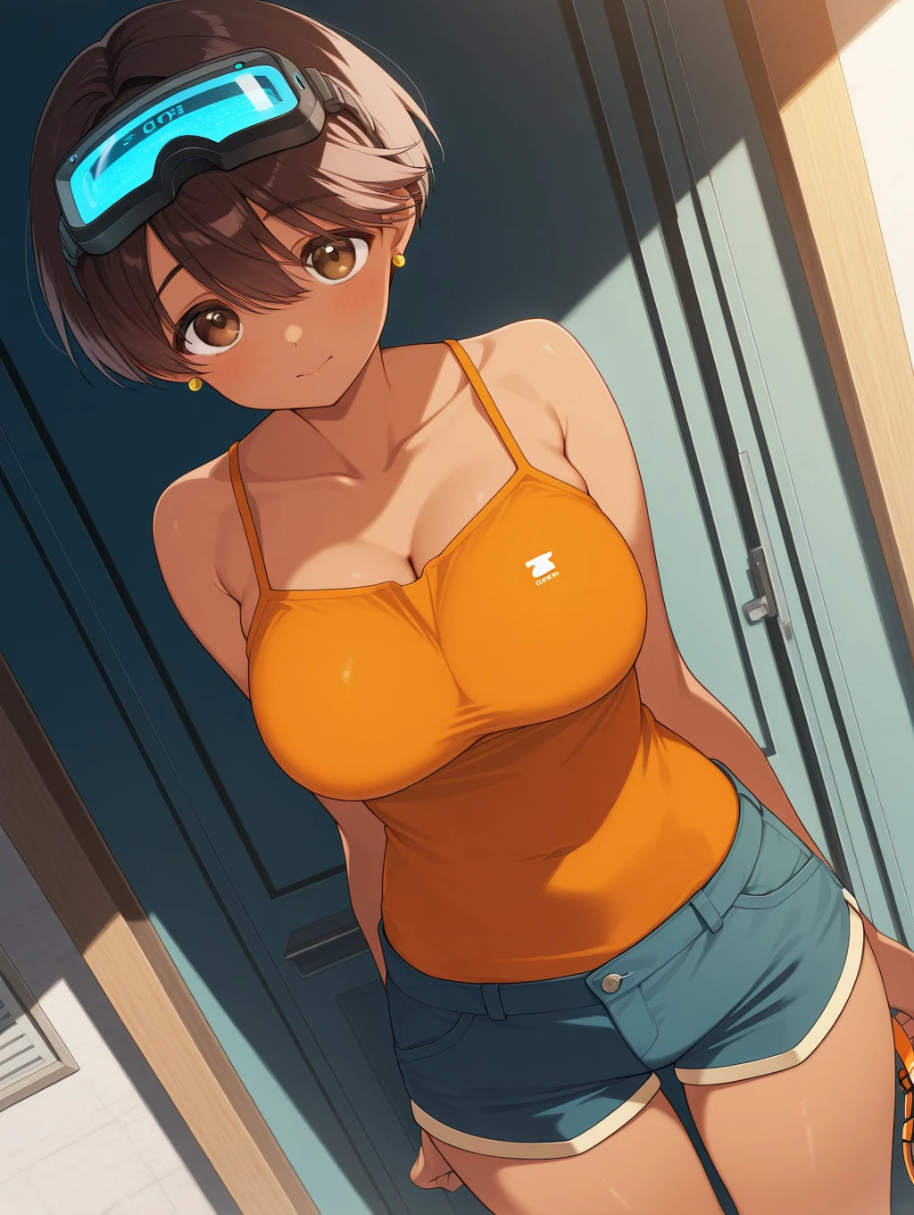 toono mizuki, dark-skinned female, brown eyes, earrings、 1 girl, Alone,      shorts, masterpiece,  top quality ,Big Breasts　Shota　Blindfolded with VR goggles　老けたShota 　down　　dutch angle,　shoulder　off、full body,