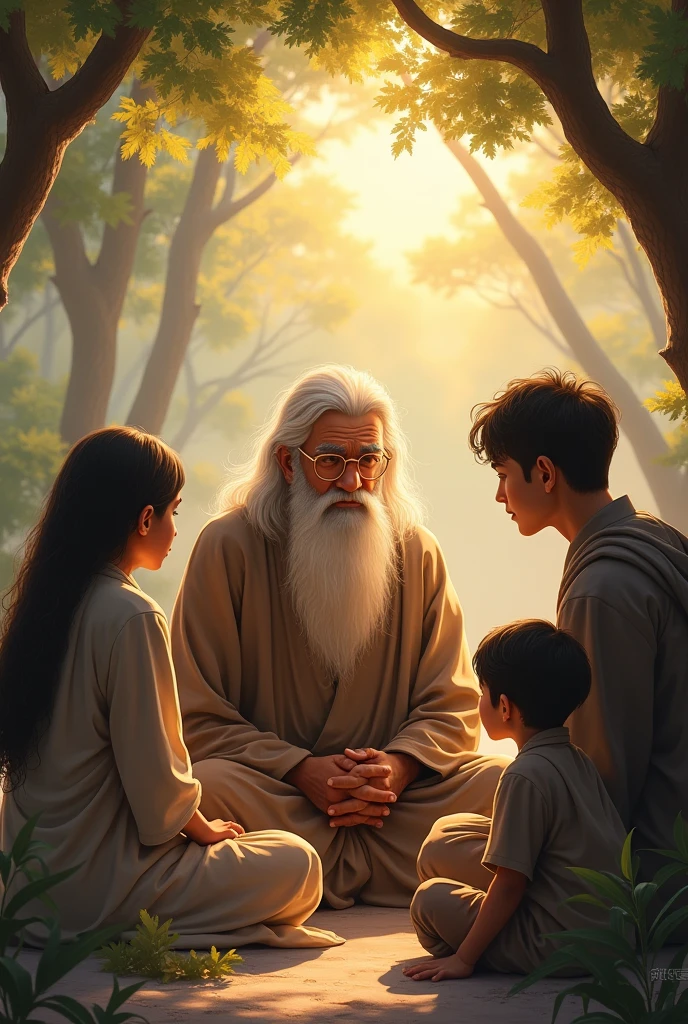 A serene sunset at the edge of a small coastal village, where a wise old man (Nanaji) is sitting on a wooden bench by the shore with two curious children, Rohan and Anaya. The old man holds a weathered, ancient diary with faded pages, and the children are listening intently, their faces filled with excitement and wonder. The waves of the ocean gently crash onto the shore in the background.