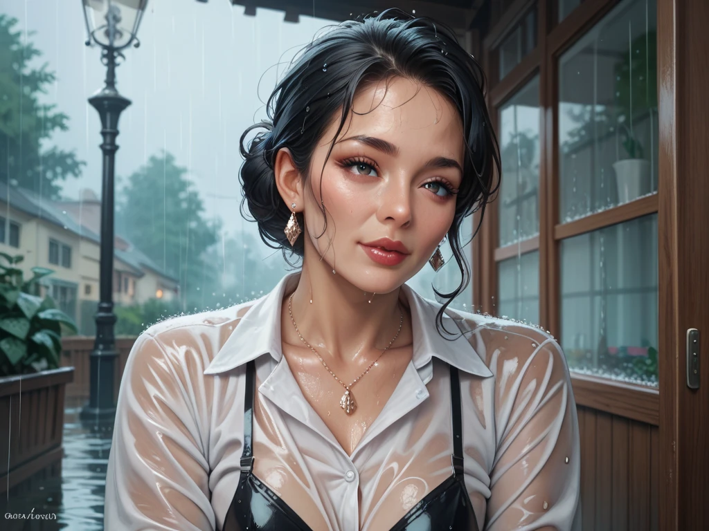 Create 40-year-old mature lady wearing a white shirt in the rain