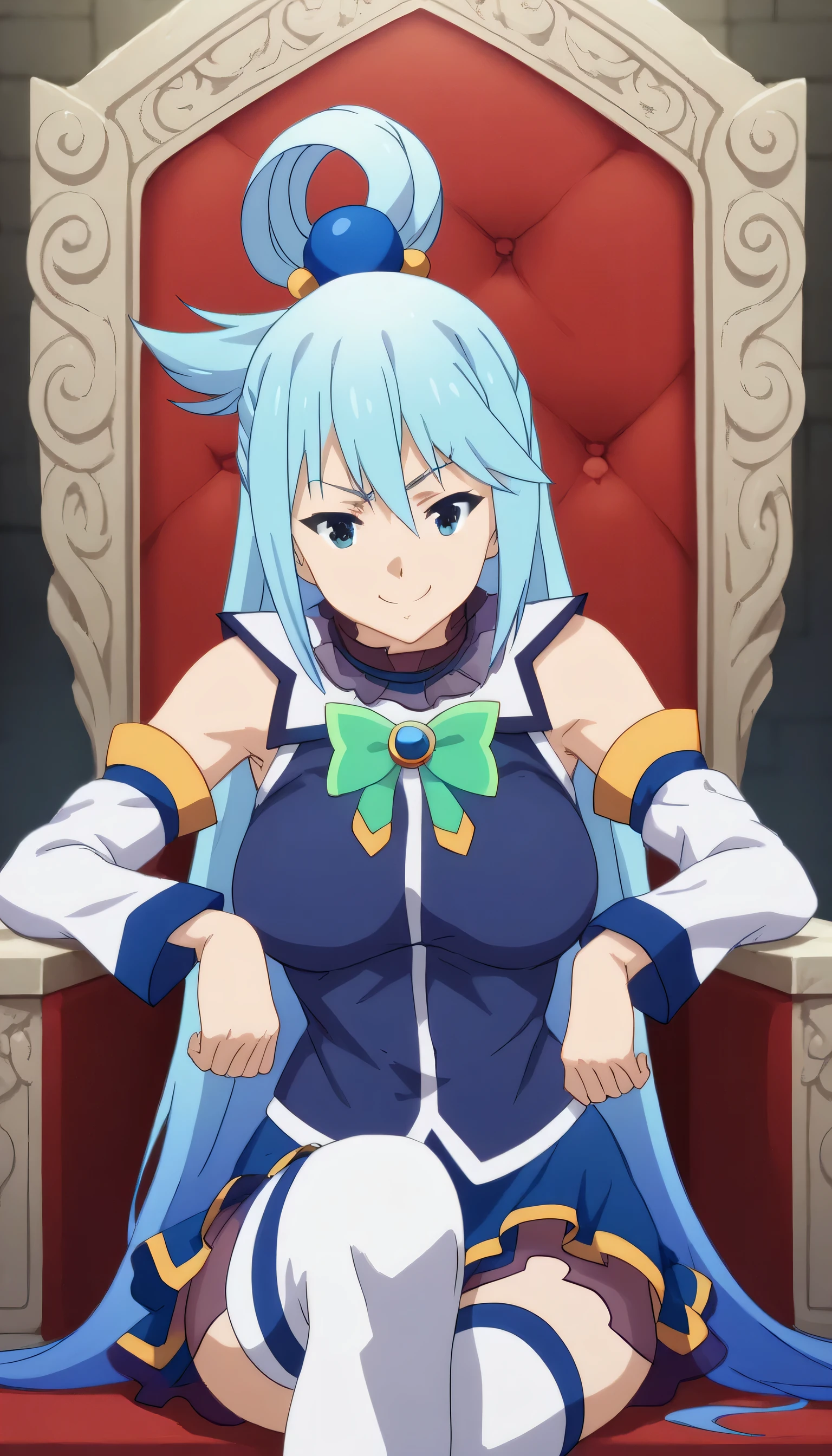 1girls, solo, female_focus, , sitting, , throne, , , looking_at_viewer, eye_of_horus, , , ,, smile, chain, closed_mouth, , , traditional_media, ,head_rest, , huge breasts, MILF,serious,aqua \(konosuba\), long hair, blue eyes, hair ornament, very long hair, blue hair, hair rings, single hair ring, hair bobbles,skirt, shirt, thighhighs, bare shoulders, detached sleeves, white thighhighs, blue skirt, blue shirt, green bow,