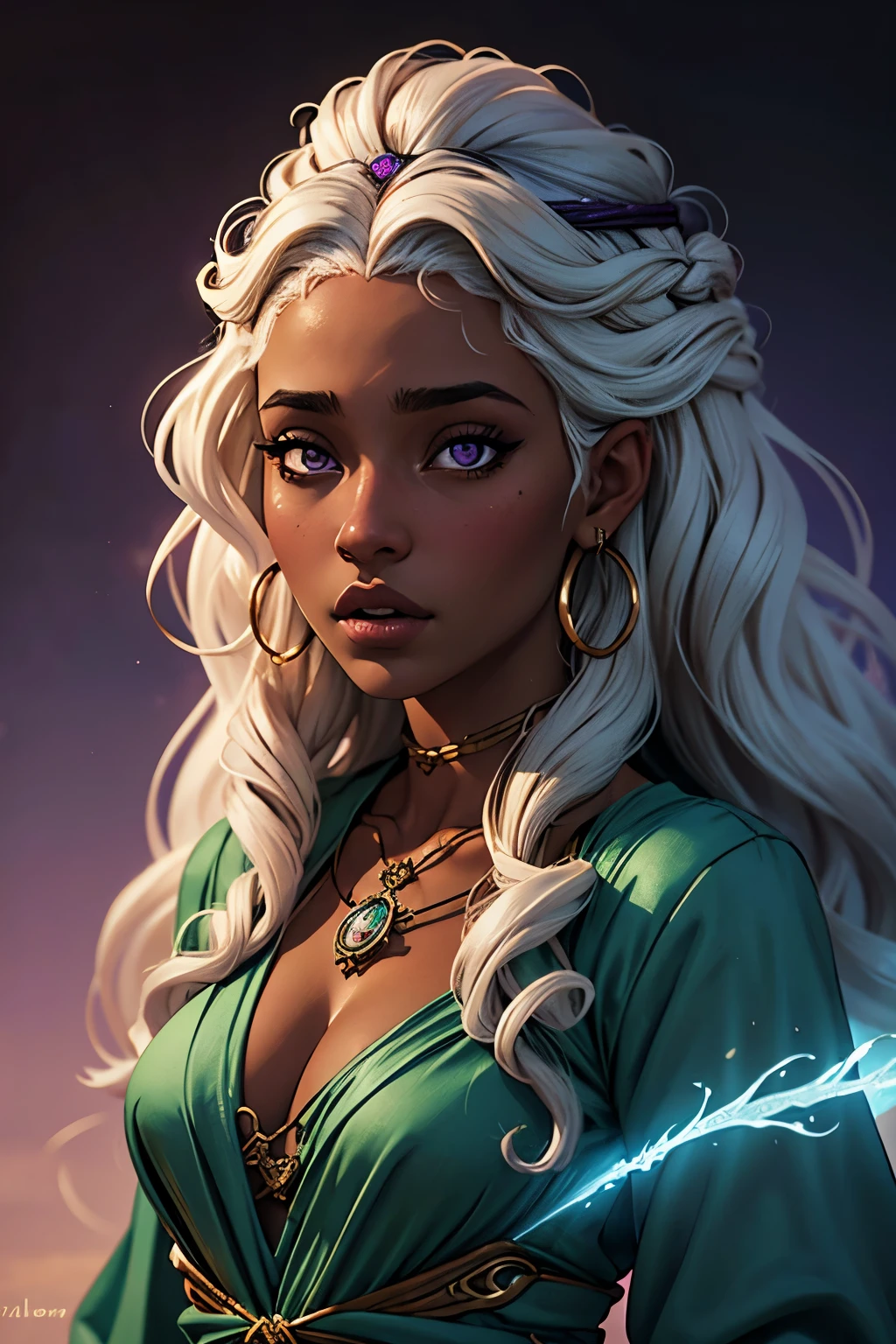 23 year old woman with brown skin, brown eyes, curly white hair, full lips, nubian nose, a song of ice and fire, Velaryon, purple eyes, in a sea-green dress, portrait