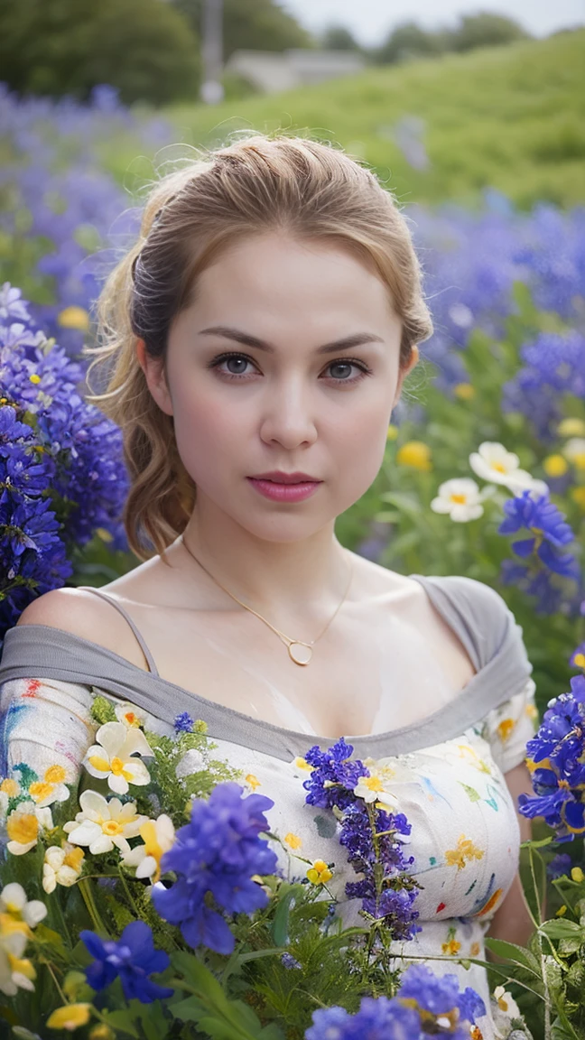 ( oil on canvas:1.5), \\ a woman with (Sand blond hair with a ponytail ), ((grey eyes))  and bluebell flowers in her hair is lying in a field of bluebell flowers, (Amy Sol :0.248), (stanley artgerm lau:0.106), (a detailed painting:0.353), (Gothic art:0.106)
