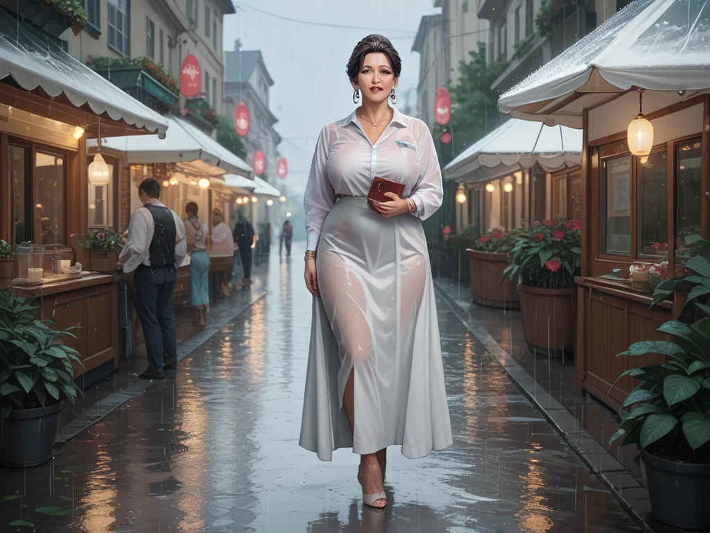 Create 40-year-old mature lady wearing a white shirt in the rain full body