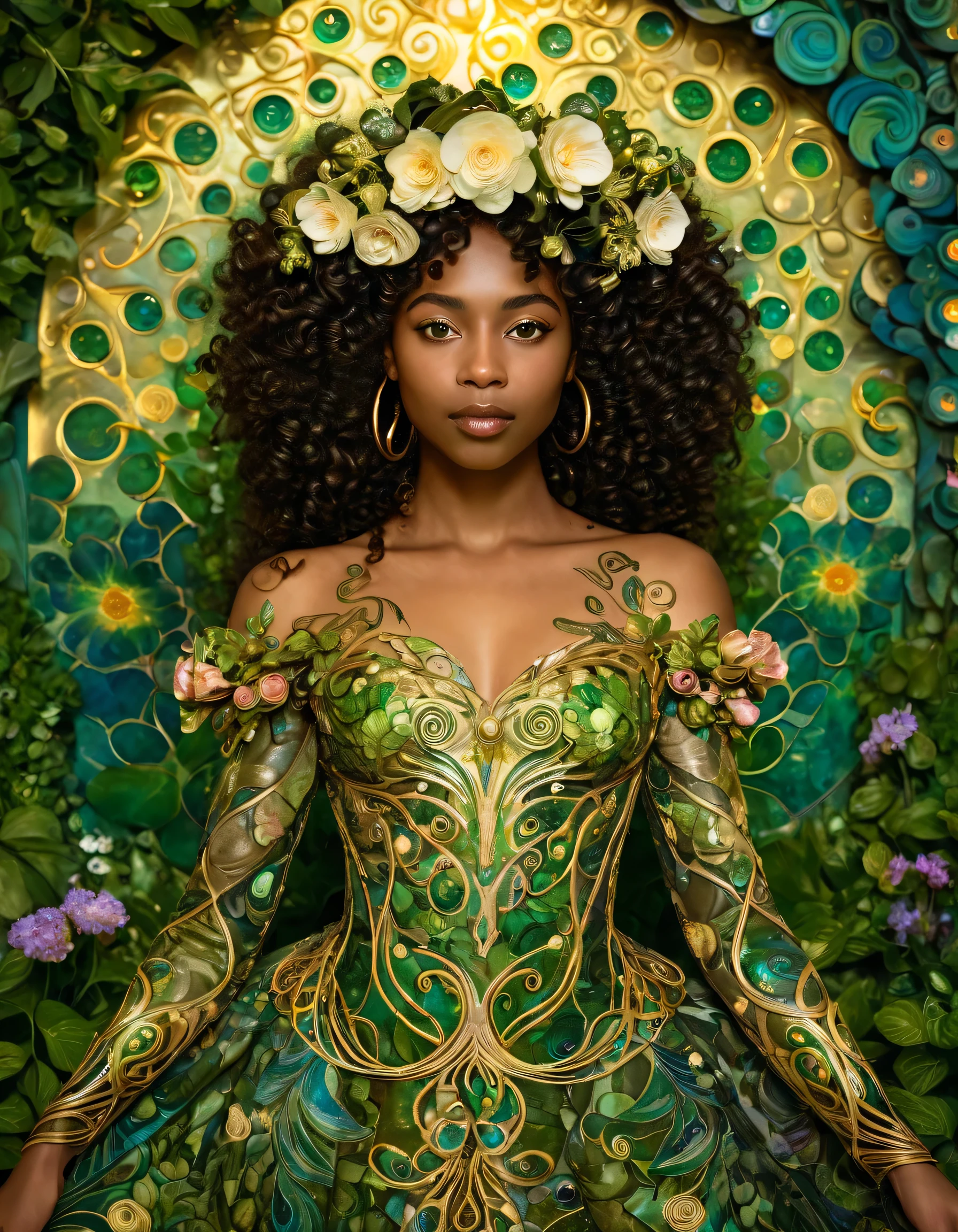 Create a surreal dreamlike portrait of a Black woman inspired by Gustav Klimt and Art Nouveau. Her cherubic face glows softly, framed by luscious 4a curls that cascade like a crown of nature. Her hazel eyes, flecked with green, sparkle with a playful, mysterious charm. Flowers bloom directly from her skin in vibrant, unexpected places—her shoulders, collarbone, and hands—each petal glowing faintly as if alive. Intricate vines and lush foliage wrap delicately around her arms, weaving into a gown made entirely of blooming flowers and greenery. The dress flows organically, blending with the swirling gold and intricate Art Nouveau patterns of the background. Let the patterns echo Klimt’s signature style, with spirals, geometrics, and botanical elements interwoven to create a mystical, radiant scene. The overall effect should feel ethereal, enchanting, and otherworldly, as though she is both part of and the source of this flourishing natural dreamscape.