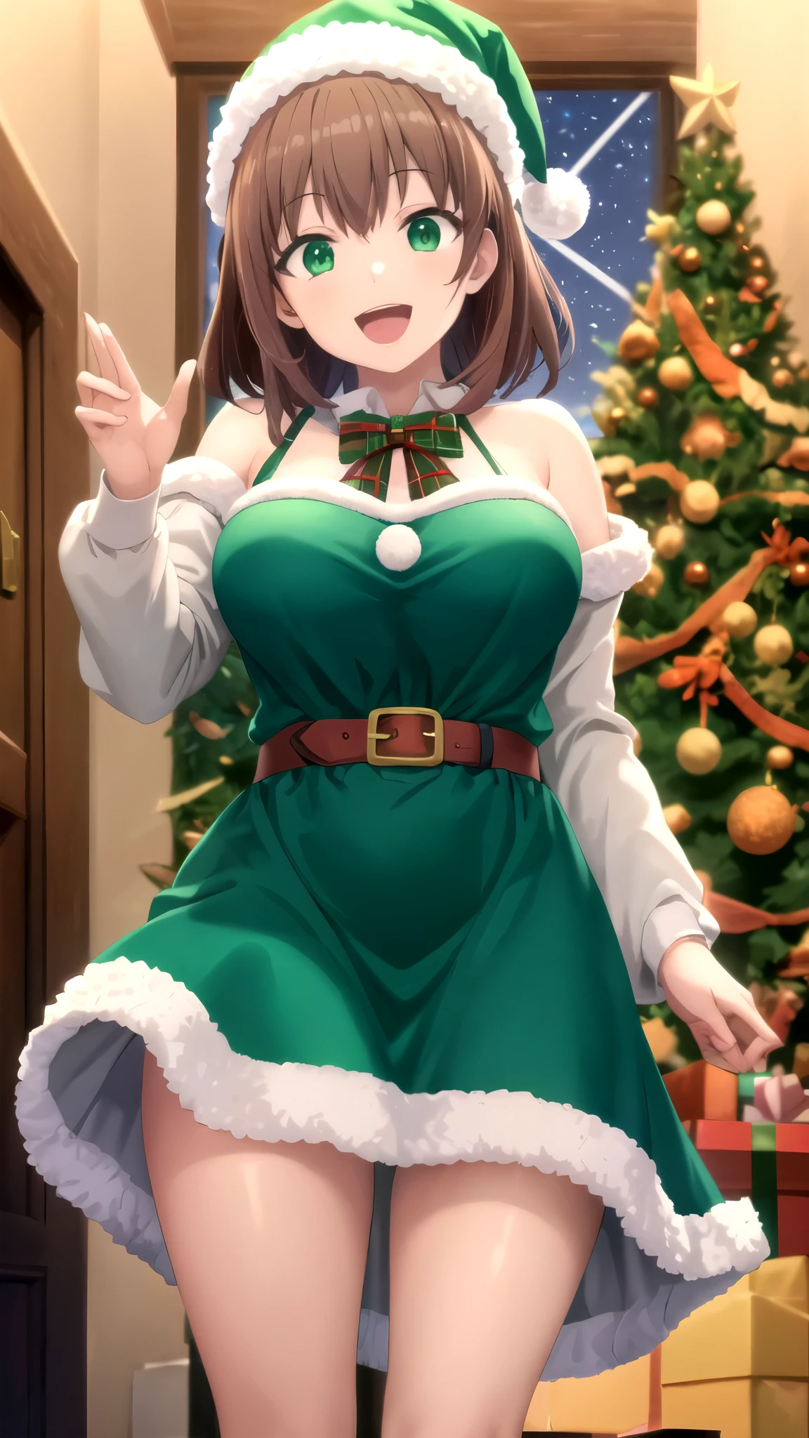 masterpiece, best quality, highres, Kazuma Satou, girl, Brown hair, Green Eyes, large breasts, merry christmas Dress, standing, smile, open mouth,