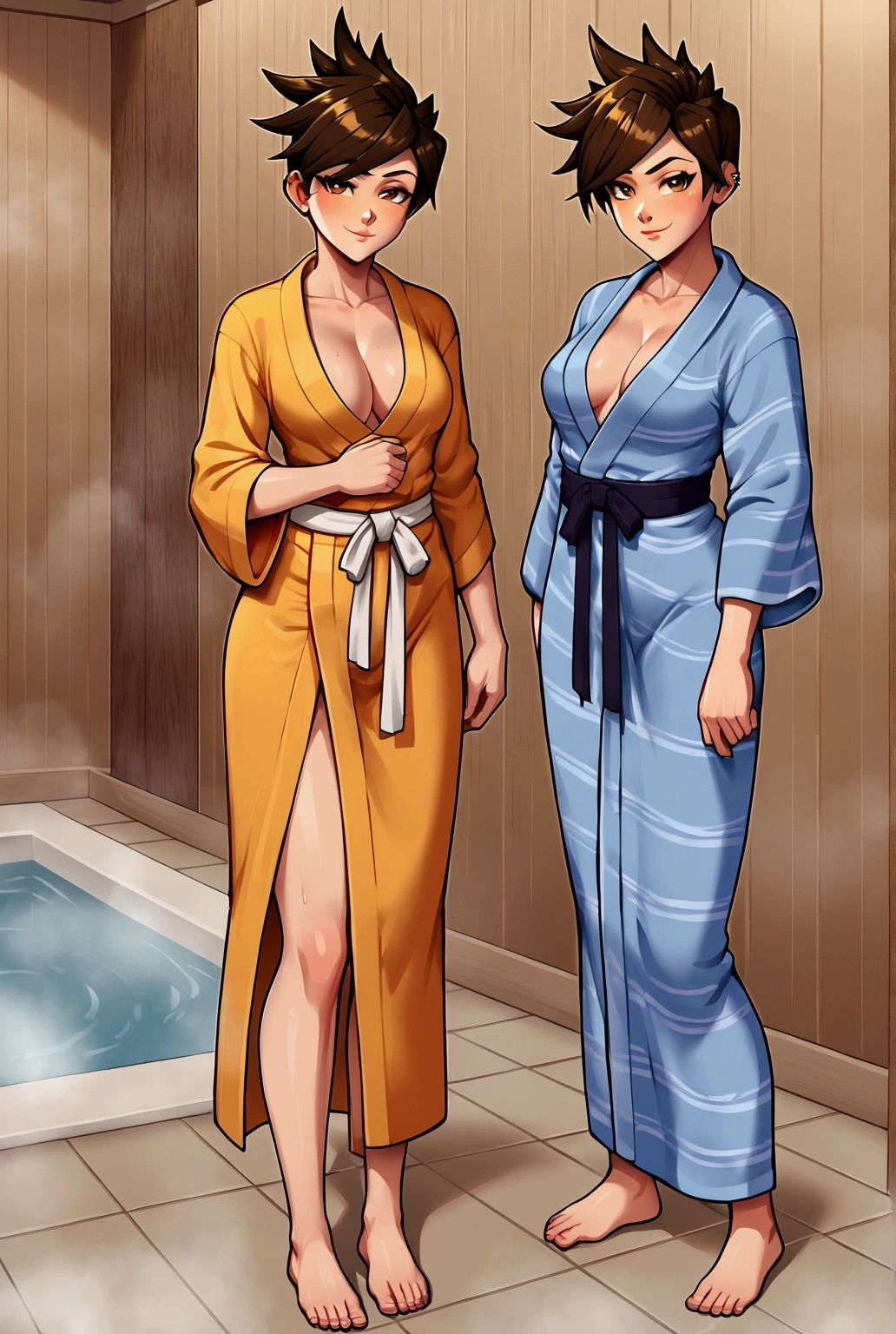 Expressiveh, eye catching, Tracer, brown eyes,thick,curvy, short hair, brown hair, wearing a yukata(Which is a Japanese bathrobe), a slim and toned body and showing her cleavage, full body, closeup, seductive smirk, Japanese bath house 