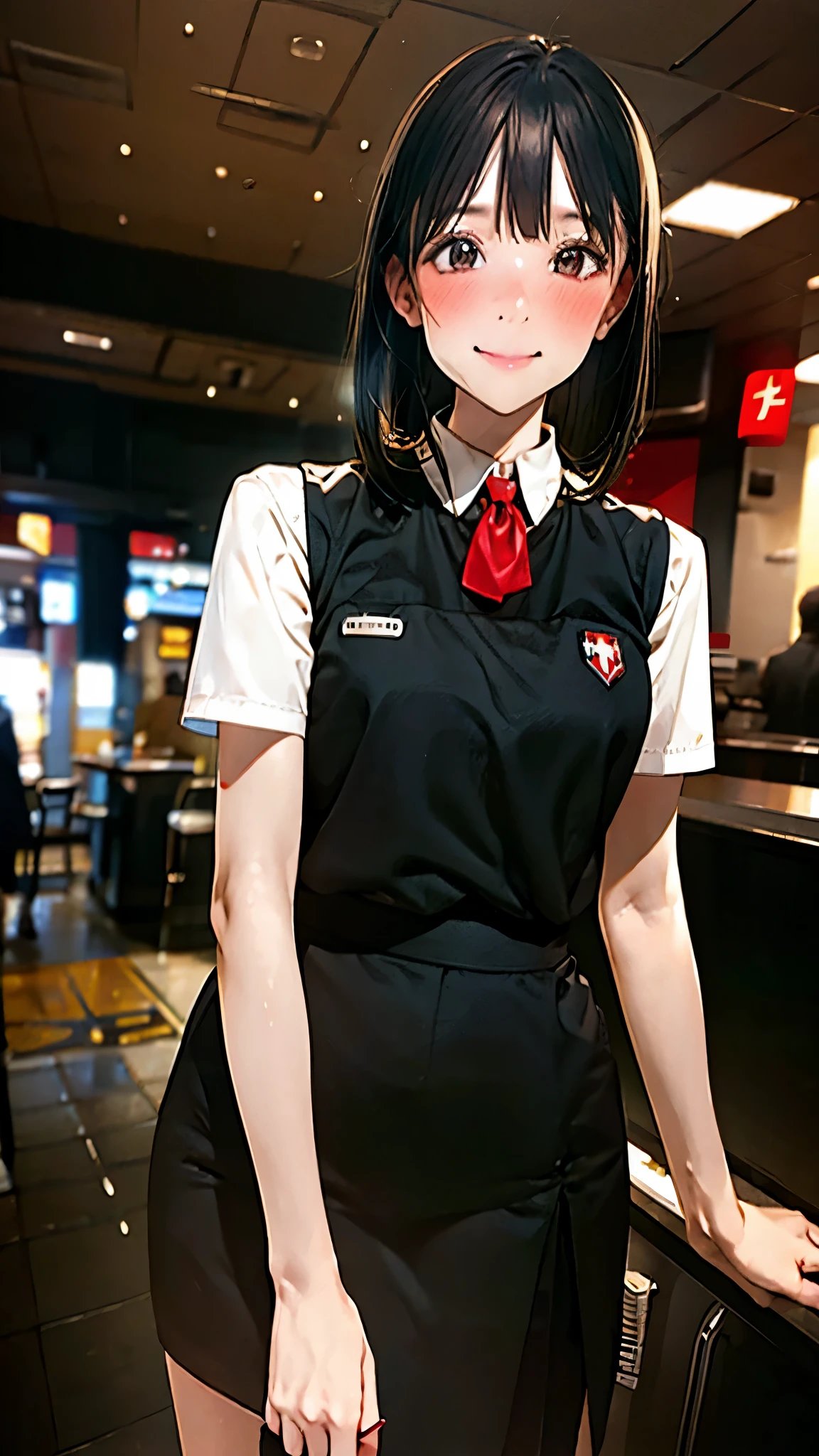 smiling woman, White uniform dress, white short-sleeve shirt, red ribbon scarf, black vest,standing pose, hands clasped, professional attire, customer service role, clean restaurant counter, modern fast food interior, bright lighting, menu boards in background, soft focus background, realistic style, highly detailed, portrait orientation,fullbody:1.5,high heel,miniskirt