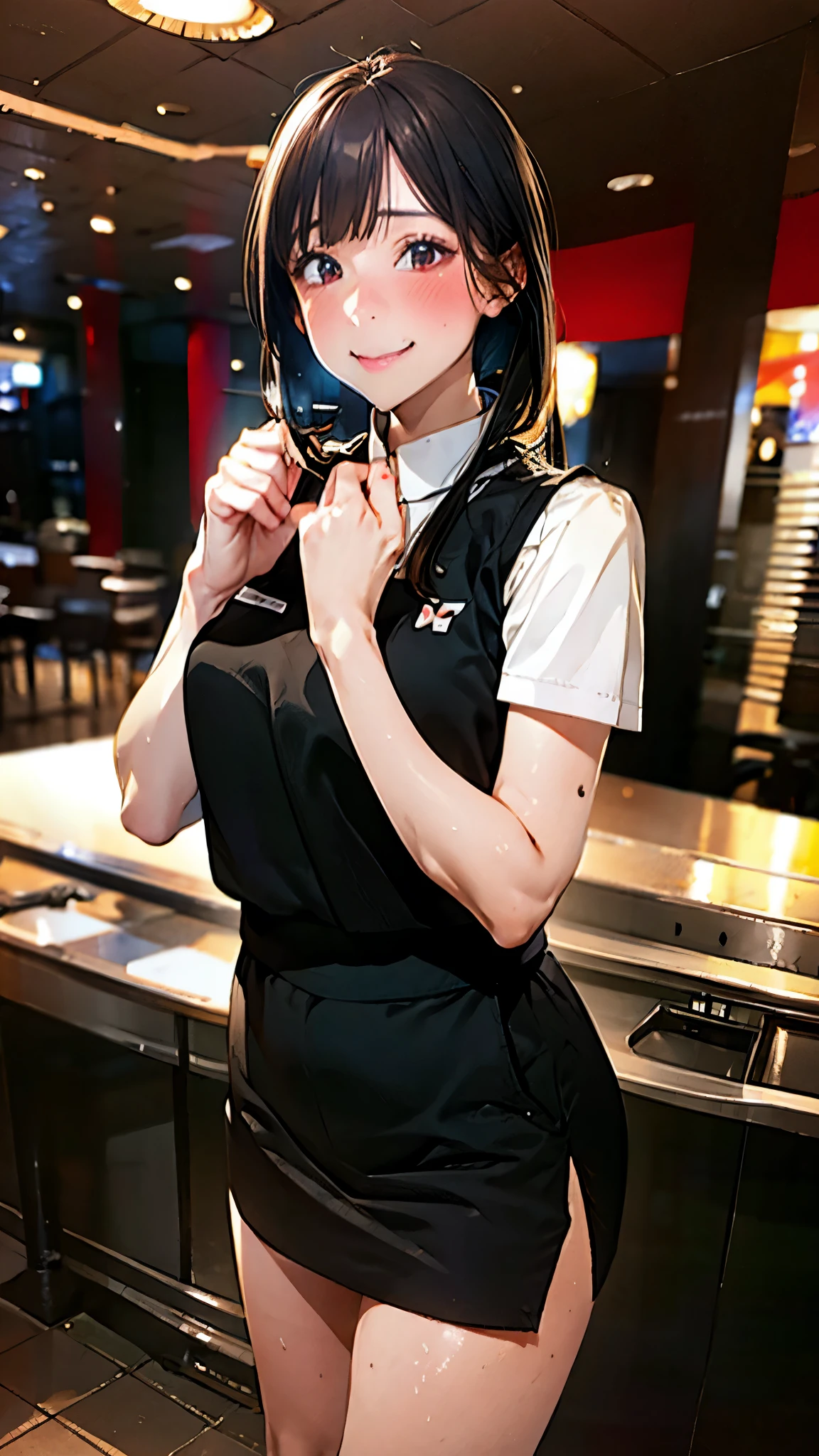 smiling woman, White uniform dress, white short-sleeve shirt, red ribbon scarf, black vest,standing pose, hands clasped, professional attire, customer service role, clean restaurant counter, modern fast food interior, bright lighting, menu boards in background, soft focus background, realistic style, highly detailed, portrait orientation,fullbody:1.5,high heel,miniskirt