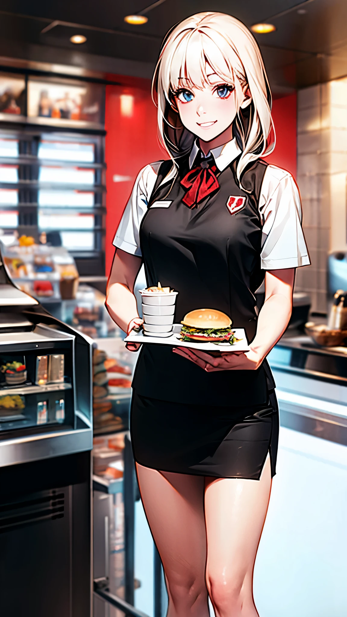 smiling woman, White uniform dress, white short-sleeve shirt, red ribbon scarf, black vest,standing pose, hands clasped, professional attire, customer service role, clean restaurant counter, modern fast food interior, bright lighting, menu boards in background, soft focus background, realistic style, highly detailed, portrait orientation,fullbody:1.5,high heel,miniskirt