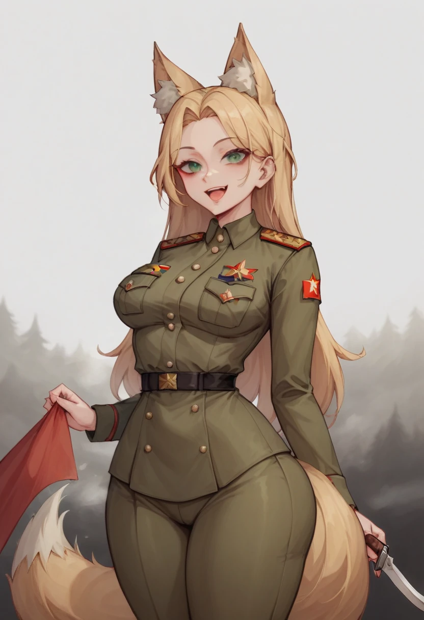  Create an image of  an anime girl, 19 years old, fox ears, fox tail , long hair, green eyes, very dark big circles under eyes, dark circles under eyes, blonde hair,  flet chest, , skinny hips, big thighs, happy, nice butt, military uniform, soviet uniform, soviet military uniform, USSR GULAG NKVD Lenin Stalin Marx communist socialist winter Leninist Stalinist communist soviet winter snow. With red flags, fog fog fog red flags with hummer and sickle 