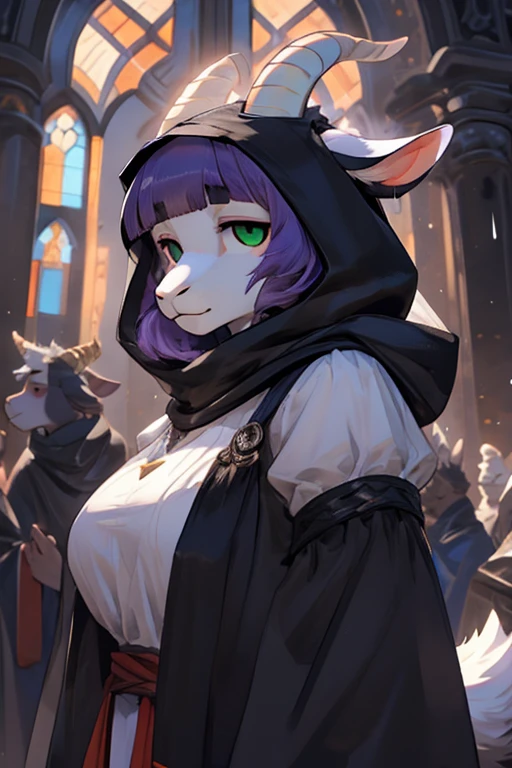 goat girl , anthro,  wild goat, ((female goat )),  plump body , break, white goat head, ( purple hair), Straight bangs,  Trimmed Back Hair,  green eyes, White body, (spiral black goat horn),  white goat ears ,  Big Breasts , Fluffy,  amazing expression,  zitoida,  Sister Outfit,  black hood ,  face forward, break, spiral stage, Curtain of light, Raindrops,  Glorious , glory, church, realm