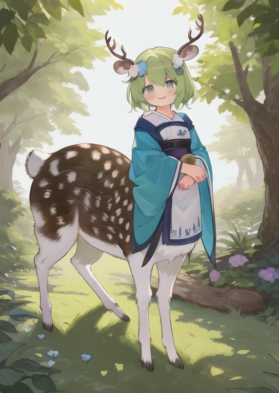 masterpiece,  top quality,A slice of life, Deer Taur  ,  deer antler,   young girl，Cute Costumes,   happy  ,     sweet expression  , 