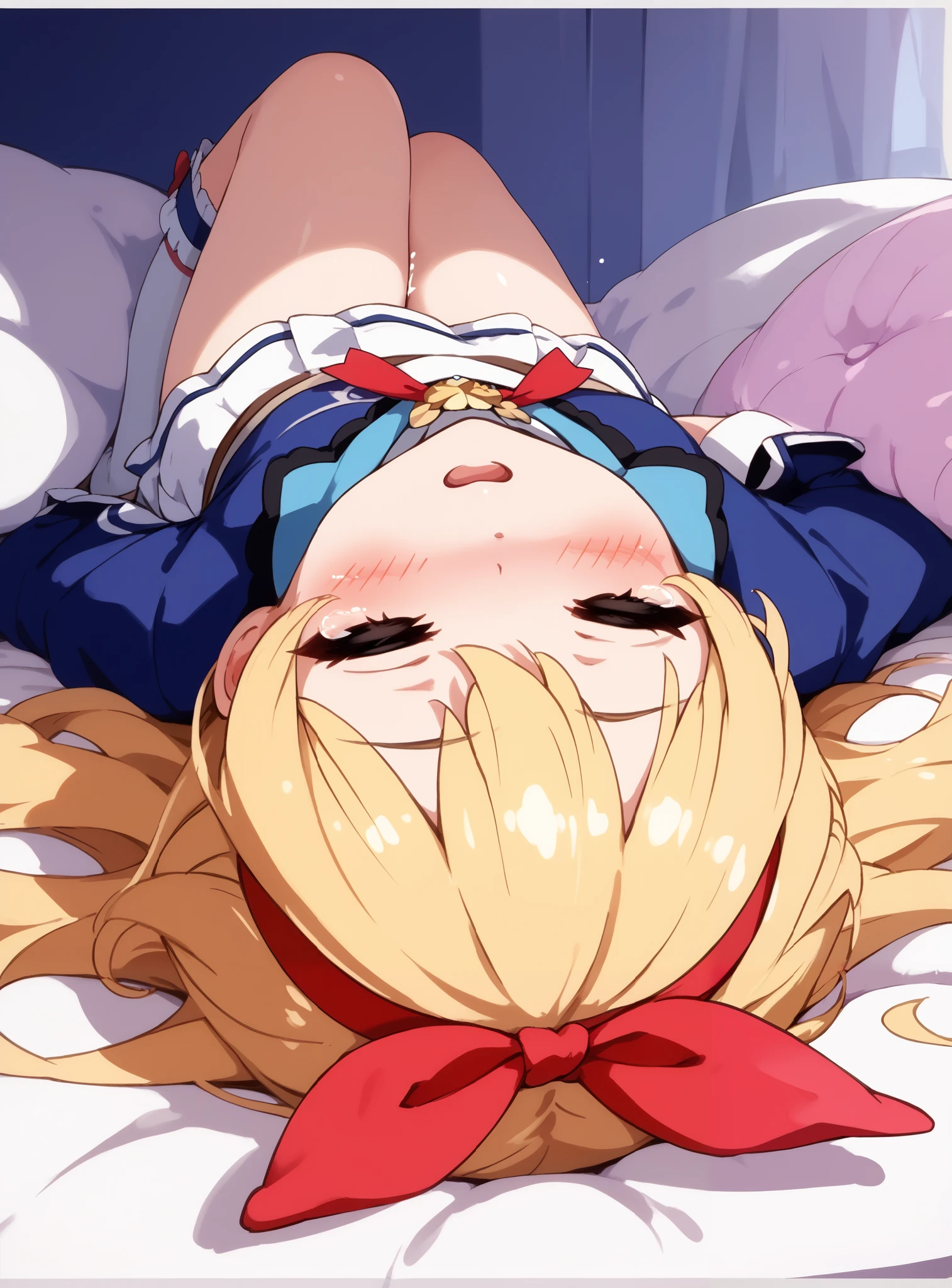 Blonde girl sleeping on a white pillow, (red ribbon on headband: 1.2), , one girl, alone, eyes closed, blonde hair, blushing, sexually aroused, super asleep Orgasm: 9.9, Super Orgasm While Sleeping: 9.9, Super Orgasm While Sleeping: 9.9, Super Orgasm While Sleeping: 9.9, mouth open, eyes closed, face down, tired, white shirt, Hoshimiya Ichigo