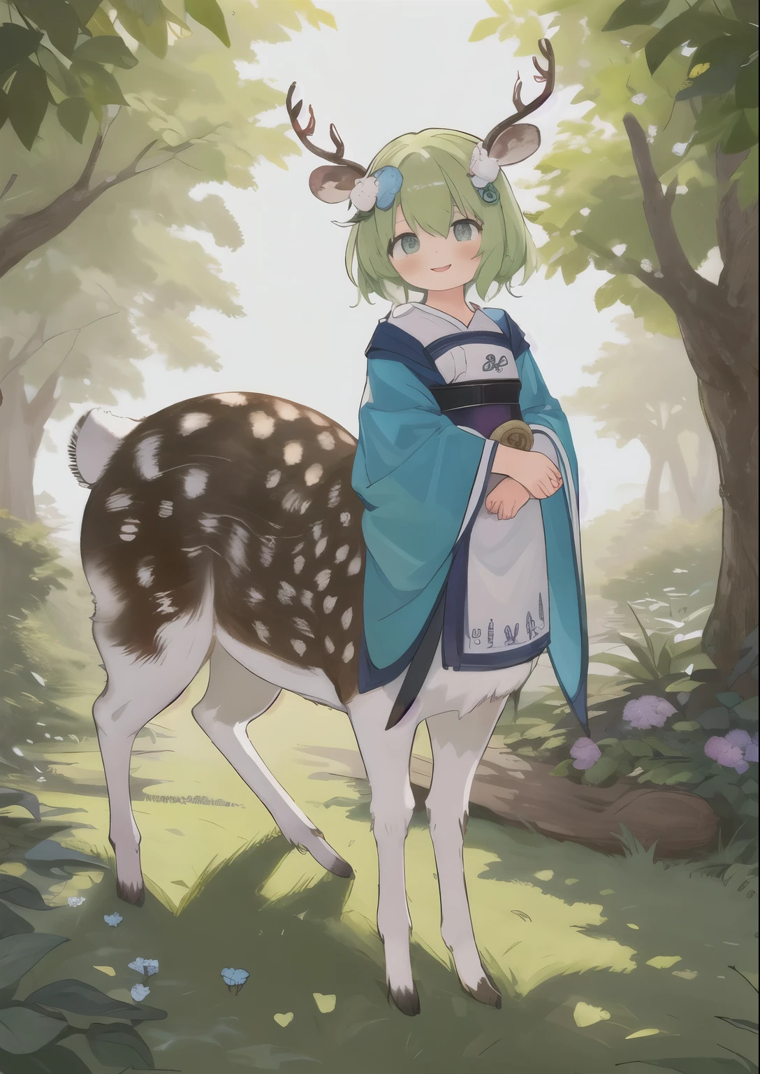 masterpiece,  top quality,A slice of life, Deer Taur  ,  deer antler,   young girl，Cute Costumes,   happy  ,     sweet expression  , 