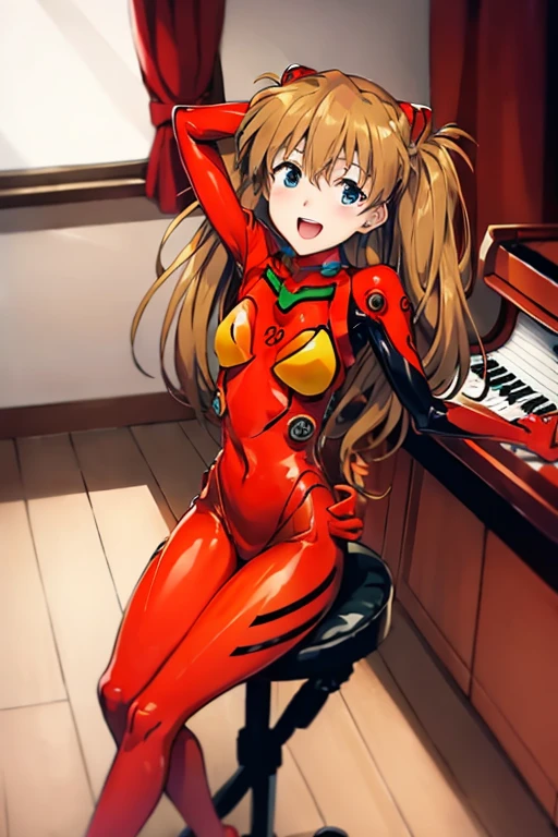 (( top quality )), ((masterpiece)), (be familiar with),  perfect face, indoor, bedroom,  viewers,
One woman,  Soryu Asuka Langley,
 open mouth,  ecstatic expression beside the piano, blush, smile,
 small tits,  flat chest, Young girl, Lori,  s,  girl,
 long hair,  Twin Tails ,
Leg spread,