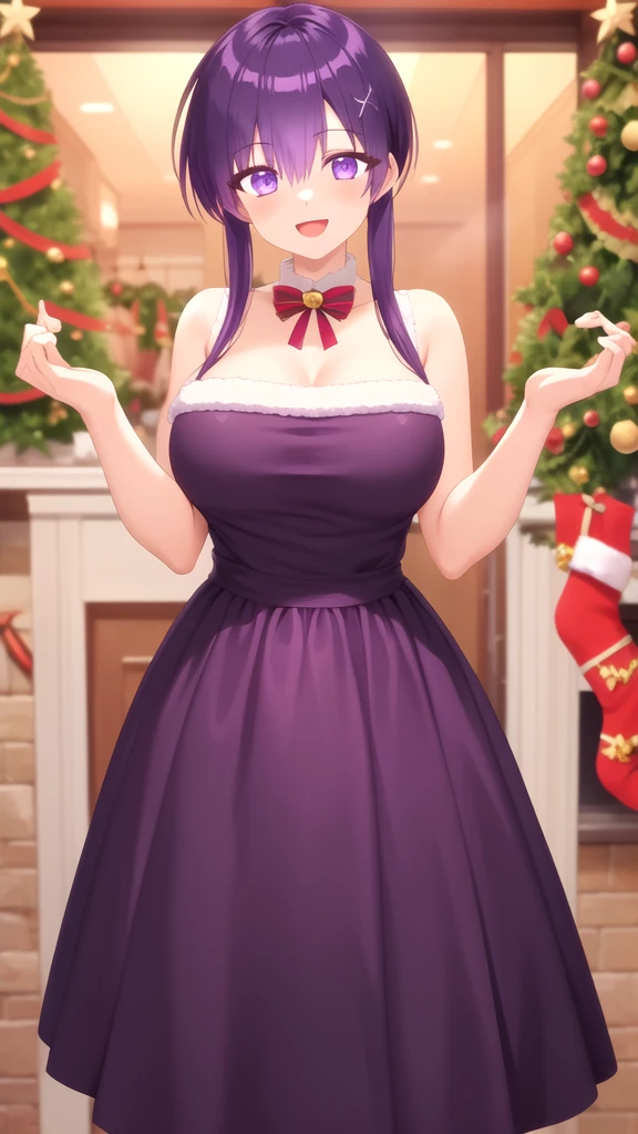 masterpiece, best quality, high quality, girl, solo, looking at viewer, yuuki_izumi, purple eyes, purple hair, large breasts, merry christmas Dress, standing, smile, open mouth,