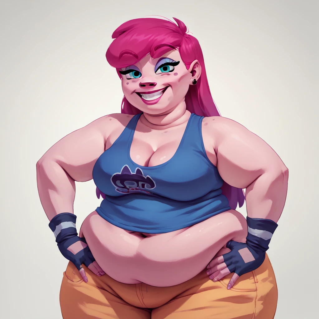 AnyMalu(obese figure:1.5), 1girl(big fat body), gloves, solo, earrings, fingerless gloves, blue eyes, pink hair, jewelry, long hair, makeup, pants,smile, standing, black gloves,hands on own hips,  upper body, sleeveless, looking at viewer,shorts,simple background, cleavage,(clothes that fit your big, fat body size)., score_9, score_8_up, score_7_up, score_6_up  zPDXLxxx 