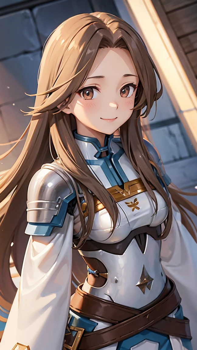 Katalina Arize、Light brown hair、 long hair、Forehead、armor、smile