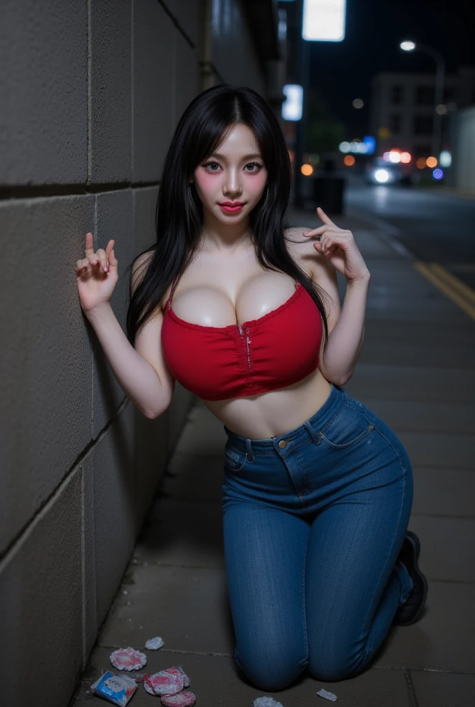 (masterpiece,  top quality: 1.2), Alone,(((Low-angle shot))), (strapless red underwear),  jean denim pants, black hair, radiant skin, earring, blushes,(narrow alley),night,  big boobs, huge boobs ,  pink areolas ,  pink lips ,smart nose,(Walking figure), side view , Beautiful Lighting ,shy expression, shy face,smile around the mouth ,Smiles cheeky,Paparazzi,photoshoot pose,sexy pose,The body looks towards the wall ,Hold your hands against the wall , The palms of the hands look at the wall,Lean over,The face looks at the wall,All the condoms on the floor
