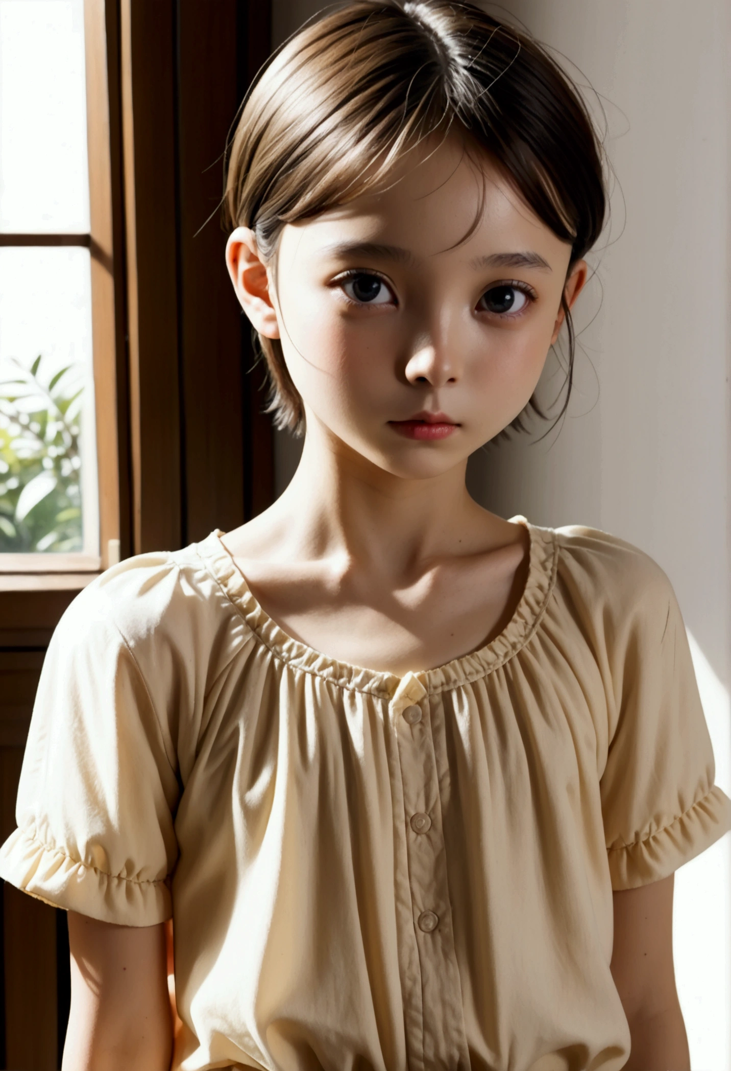 (Best Quality:1.2),( Detailed Details)、 Realistic Skin Textures 、( beautiful detail on white skin)、(masterpiece)、 High Quality、( toddler figure )、Young、 1 girl, shortcut、((12yo))、(((flat chest︰1.3)))、((Upturned chest: 1.2))、(Baggy shirt), Summer sunshine,  upper body、((Shy look: 1 .3))