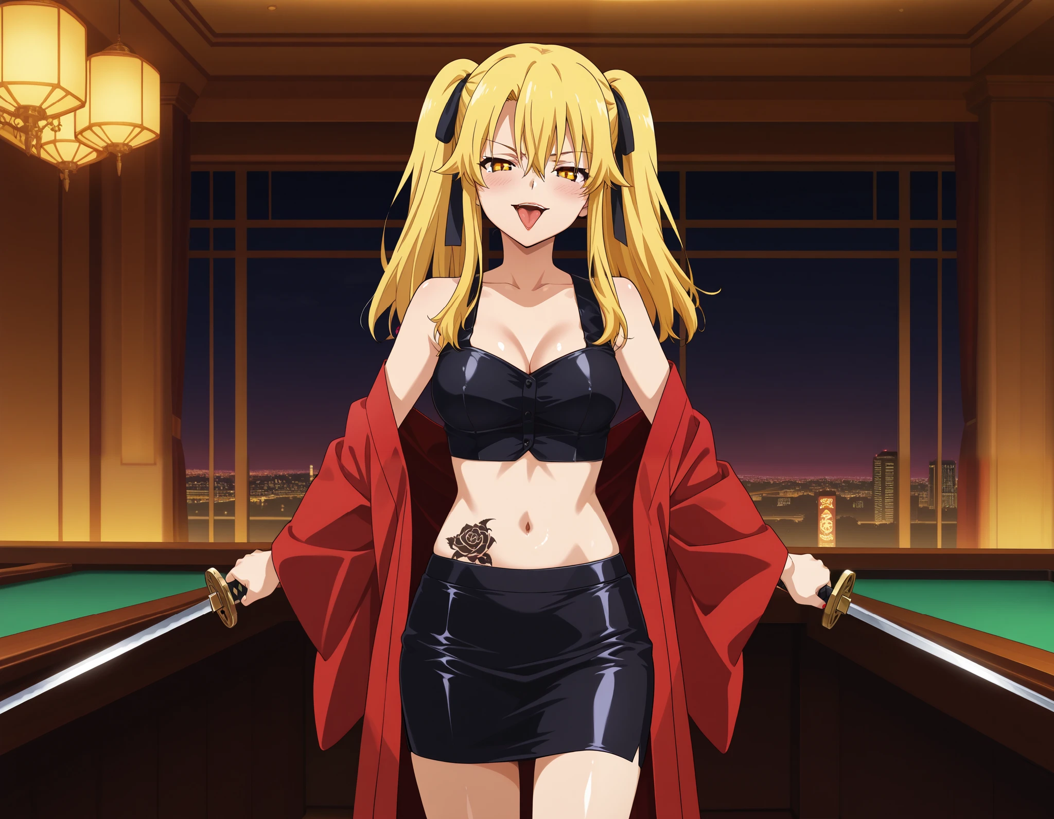 saotome mary, long hair, blonde hair, twintails, black hair bow, hair between eyes, yellow eyes , source_anime, medium breasts, casino, 1girl, solo , red nails, nail poilsh, blush, tongue out, blush, lipstick, Hot girl, baddie, bad attitude, mean girl, crazy, smoking, sensual, attractive, bar background, inside bar,indoors, cityscape, nightclub, city lights,masterpiece, best quality, highly detailed, a anime girl in kimono dress ,holding sword, bare
shoulder,open kimono, evil smile, open mouth, crop top , (nsfw) not safe for work, smile, ecchi anime
style, anime girls, ecchi style, ecchi, digital anime art!!, in anime style, official artwork, visual novel cg,
beautiful anime girl, anime style 4 k, kimono pencil skirt, exposed belly, exposed navel, ,in a palace,
exposed midriff, exposed lower belly, outdoor, japanese architecture, temple,,, casino , dragon tattoo, dual wielding, tattoo on body, tattoo midriff, tattoo, shiny skin, open arms sideway, arms T-pose, smirk, standing, anime girl T posing,

