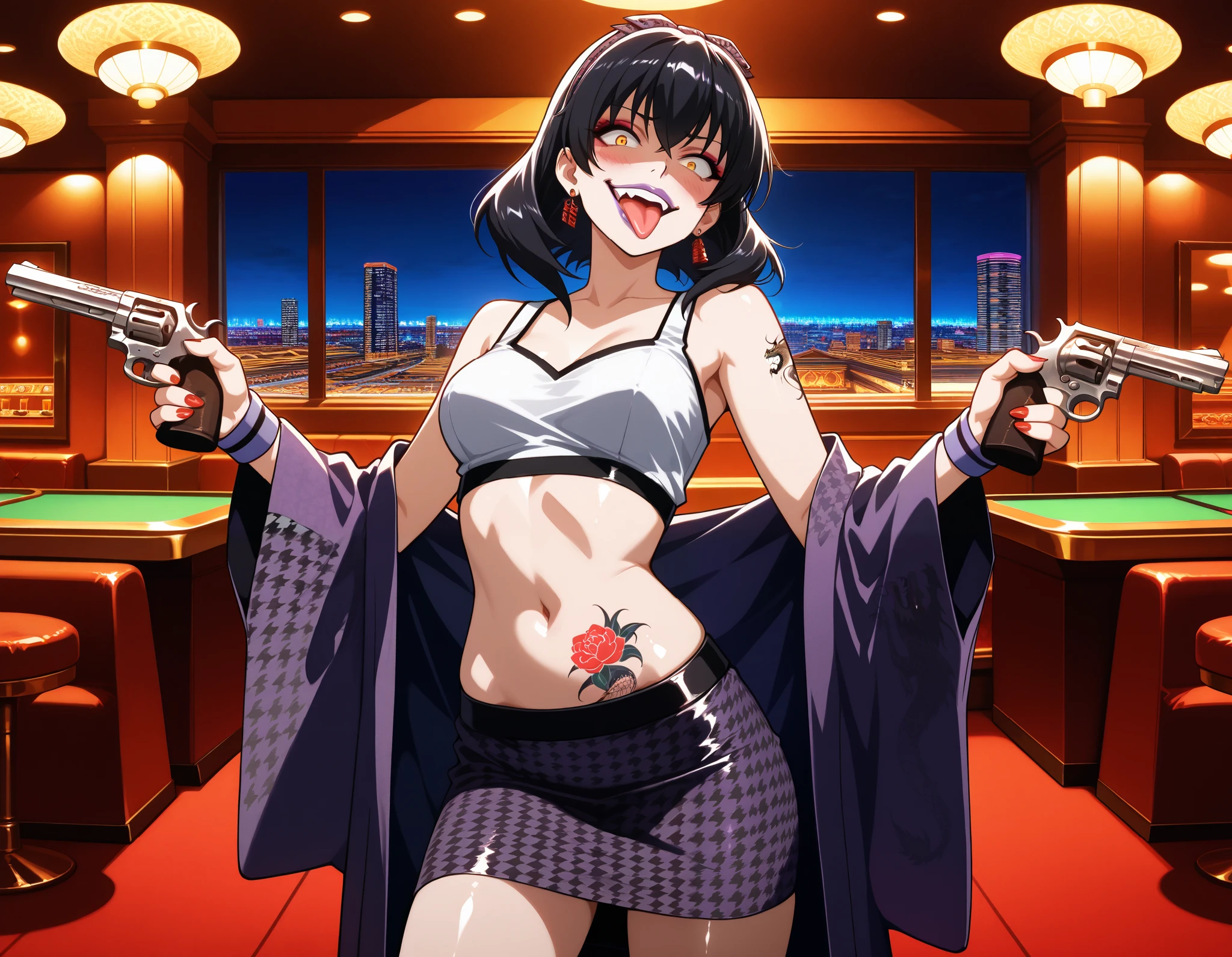 masterpiece, best quality, solo, 1girl, ikishima midari, makeup, purple lips,  tongue out, looking at viewer, holding gun, revolver, long hair, black hair, hairband, yellow eyes, constricted pupils,  houndstooth, wristband, indoors, casino,  , red nails, nail poilsh,  blush, lipstick, Hot girl, baddie, bad attitude, mean girl, crazy, smoking, sensual, attractive,  bar background, inside bar,indoors, cityscape, nightclub, city lights,jewelry, earrings, complex detailed background, casino environment, fancy interior environment, rich
interior, masterpiece, best quality, highly detailed, a anime girl in kimono dress ,holding sword, bare
shoulder,open kimono, evil smile, open mouth, crop top , (nsfw) not safe for work, smile, ecchi anime
style, anime girls, ecchi style, ecchi, digital anime art!!, in anime style, official artwork, visual novel cg,
beautiful anime girl, anime style 4 k, kimono pencil skirt, exposed belly, exposed navel, ,in a palace,
exposed midriff, exposed lower belly, outdoor, japanese architecture, temple,,, casino   , dragon tattoo, dual wielding, tattoo on body, tattoo midriff, tattoo, shiny skin, open arms sideway, arms T-pose, smirk, standing, anime girl T posing, 