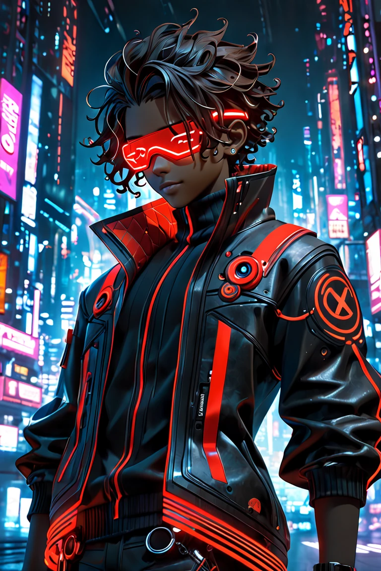 3D-rendered character in the style of Arcane, with a detailed cyberpunk aesthetic. The character is a young male with a slim build, dark brown skin, and two-toned curly hair: the left side is completely white, and the right side is completely black. His medium-length curls are messy and fall slightly over his forehead. He wears a sleek black blindfold over his eyes and has a confident, subtle smile. His outfit is cyberpunk-inspired, featuring a stylish black and red high-collar jacket with glowing red neon accents, layered with a futuristic black turtleneck. The clothing includes small metallic and tech-like details, giving a modern cyberpunk feel. The background features a vibrant futuristic cityscape with neon lights, glowing holograms, and dark skies lit by a giant full moon, creating a moody, atmospheric setting. The art style resembles cinematic 3D visuals with high-detail textures, dramatic lighting, and cyberpunk color tones.