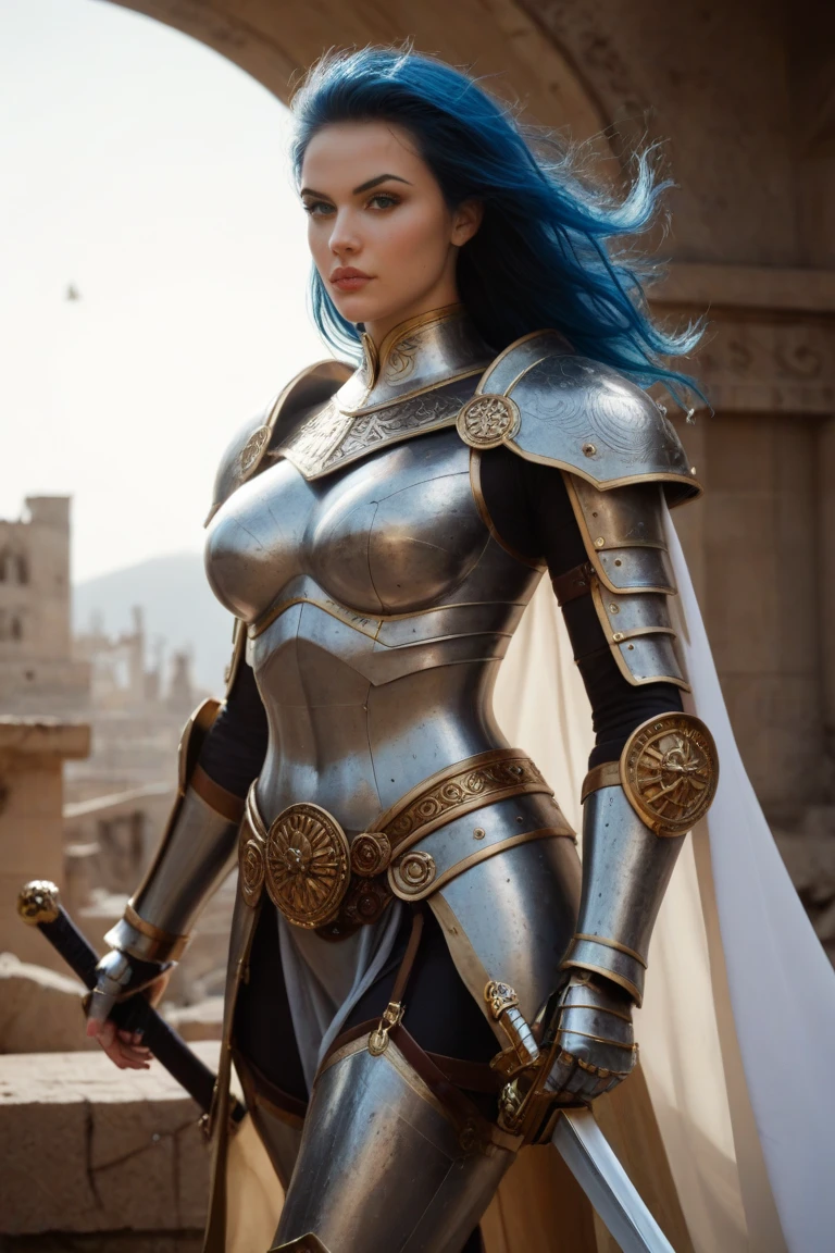 A young female warrior with long, flowing blue hair stands confidently, wearing intricately detailed golden armor with ornate engravings. Her armor shines with metallic gold and dark blue hues, giving a regal and mystical appearance. She has a calm, determined expression with a slightly flushed face, and delicate features including light freckles. The background is a textured, neutral-colored surface that contrasts with her vivid appearance. The overall atmosphere is both heroic and ethereal. Golden crown 