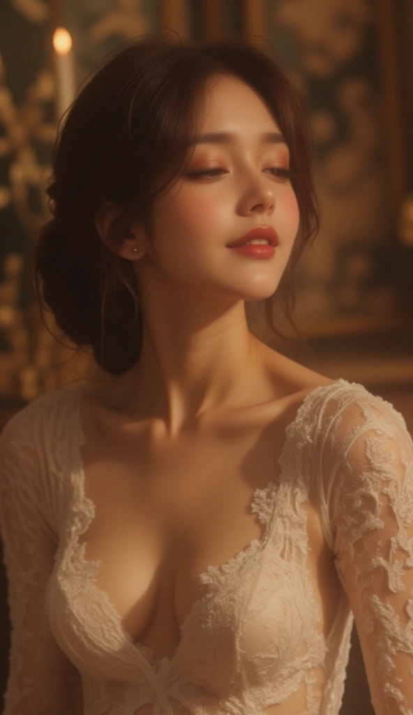 A beautiful woman in a house, wearing formal attire, undressing, eyes closed, smiling, close-up, illustration, high quality, masterpiece, your name style