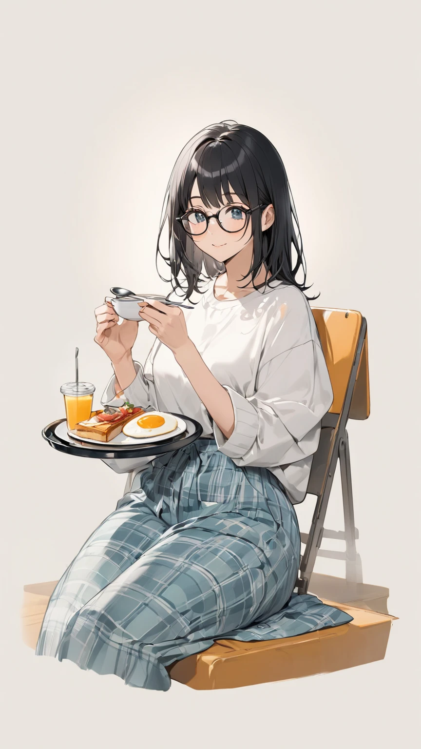 Black hair, glasses, having breakfast