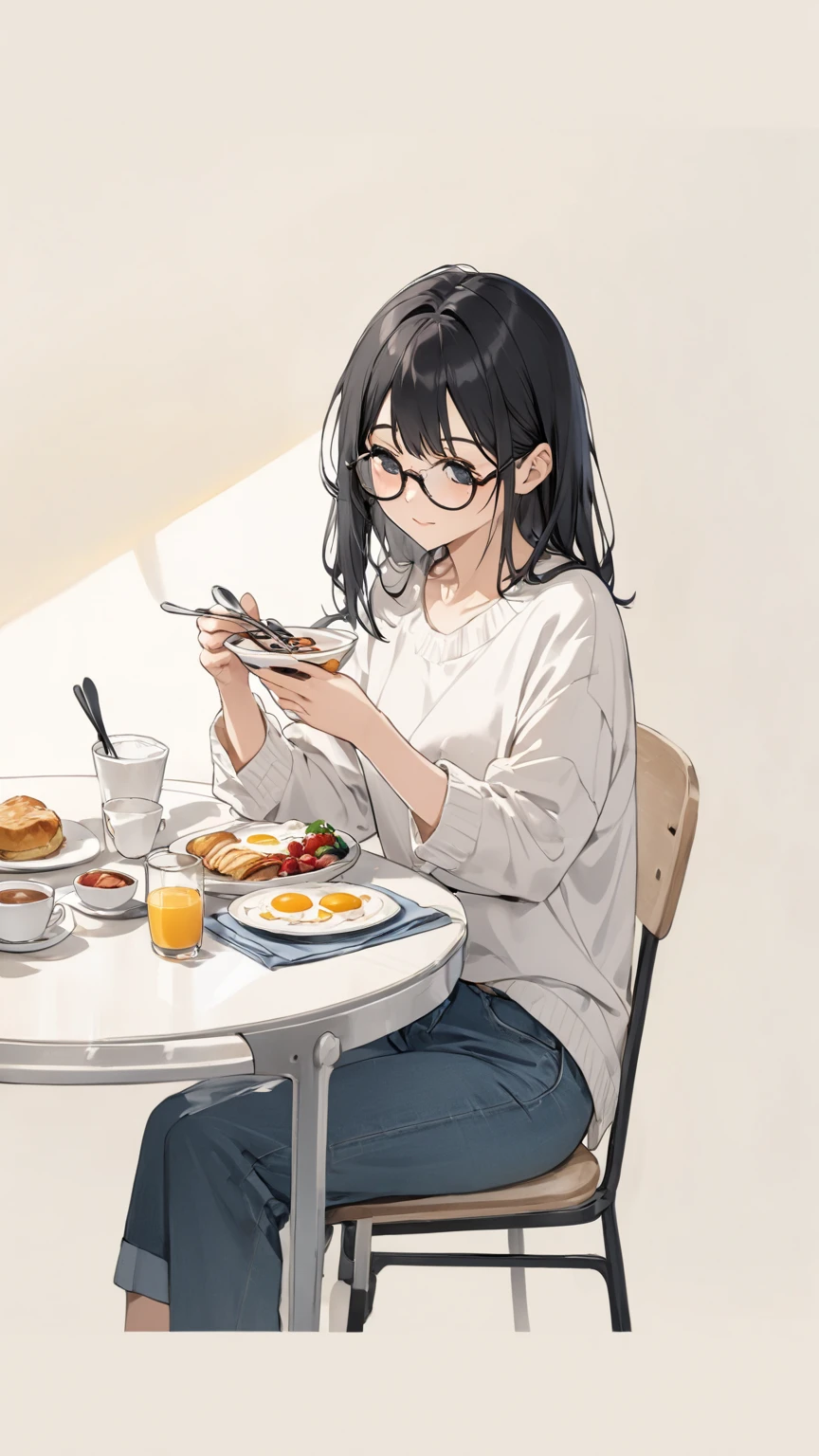 Black hair, glasses, having breakfast