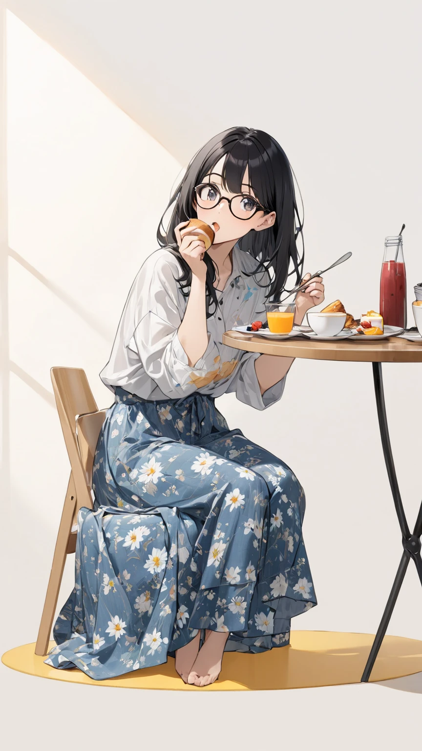 Black hair, glasses, having breakfast