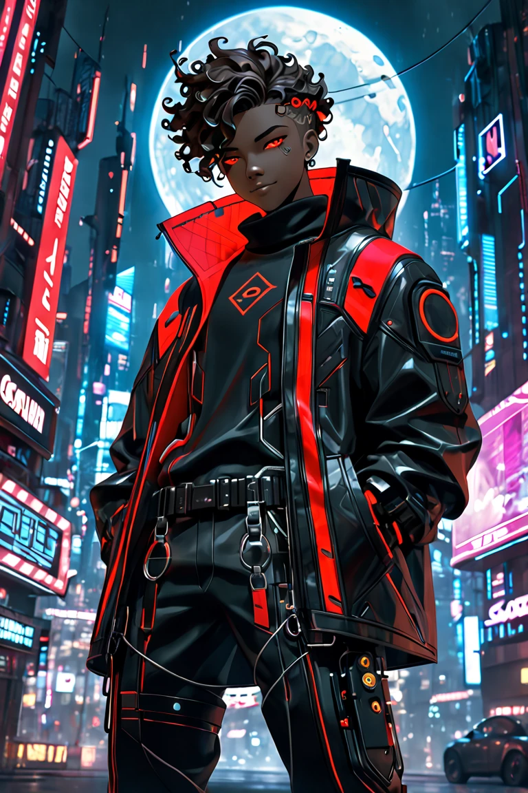 3D-rendered character in the style of Arcane, with a detailed cyberpunk aesthetic. The character is a young male with a slim build, dark brown skin, and two-toned curly hair: the left side is completely white, and the right side is completely black. His medium-length curls are messy and fall slightly over his forehead. He wears a sleek black blindfold over his eyes and has a confident, subtle smile. His outfit is cyberpunk-inspired, featuring a stylish black and red high-collar jacket with glowing red neon accents, layered with a futuristic black turtleneck. The clothing includes small metallic and tech-like details, giving a modern cyberpunk feel. The background features a vibrant futuristic cityscape with neon lights, glowing holograms, and dark skies lit by a giant full moon, creating a moody, atmospheric setting. The art style resembles cinematic 3D visuals with high-detail textures, dramatic lighting, and cyberpunk color tones.