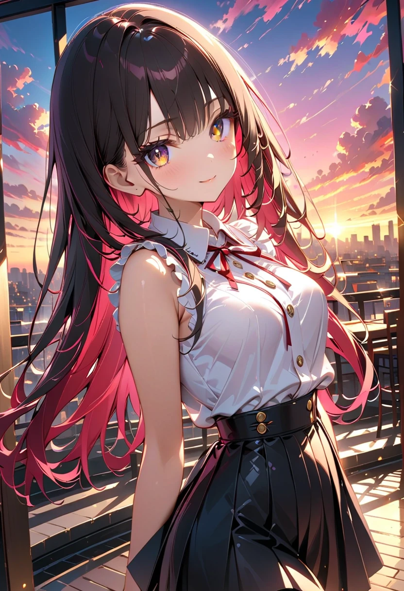 1 girl, (Portrait of a beautiful japanese girl), detailed beautiful face, long hair, bangs, (charcoal black hair), shiny hair, beautiful eyes, (dark brown eyes), (finely detailed beautiful eyes: 1.3), double eyelids, (eyelash: 1.2), (eye shadow: 1.2), smiling, seductive expression, blush, medium breasts, cute pose, (black pleated skirt, sleeveless collared white shirt, frills, virgin killer outfit), (sunset, on the terrace of a fashionable cafe in the city), shallow depth of field, BREAK, (cowboy shot, from front, looking at viewer, face focus), deep depth of field, stunning, fascinating, enchanting, cinematic lighting, cinematic composition, anime style, vibrant colors, thin lines, dreamlike, absurdres, highres, masterpiece, best quality, newest, very aesthetic, ultra quality, high detailed, anatomically correct, perfect hands,