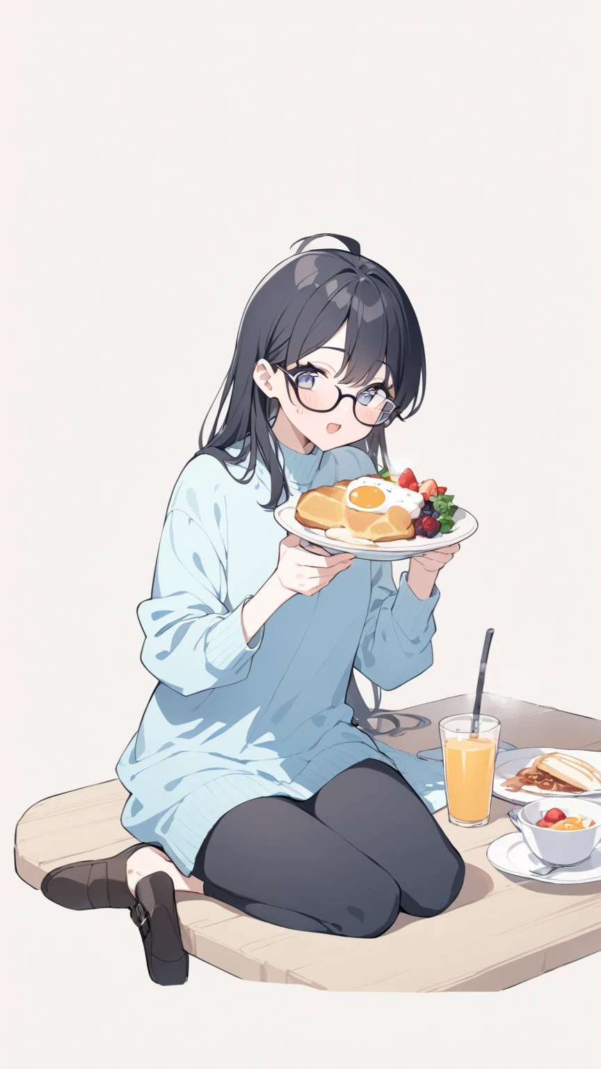 Black hair, glasses, having breakfast