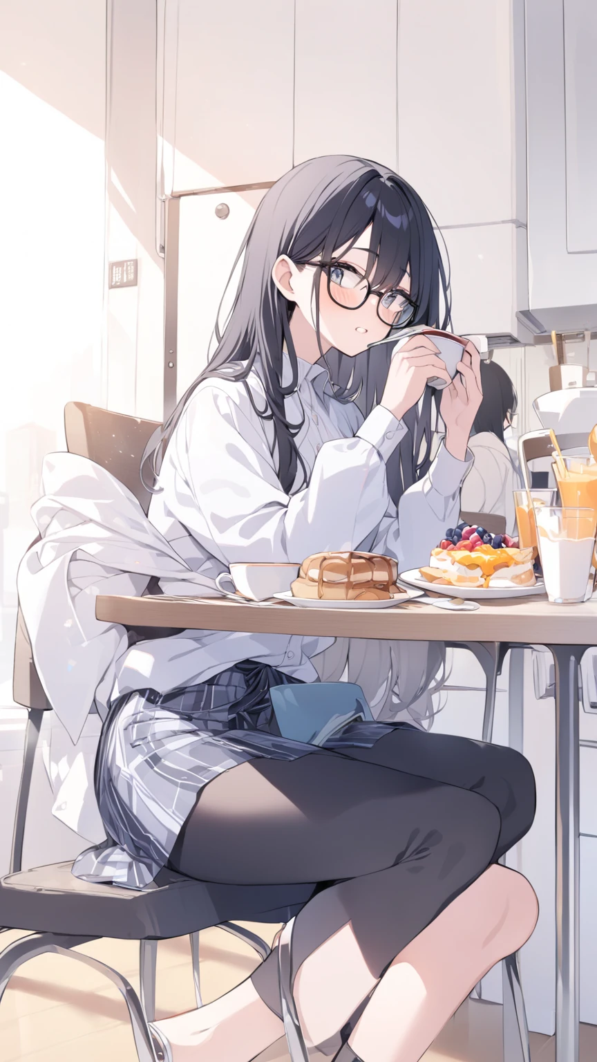 Black hair, glasses, having breakfast