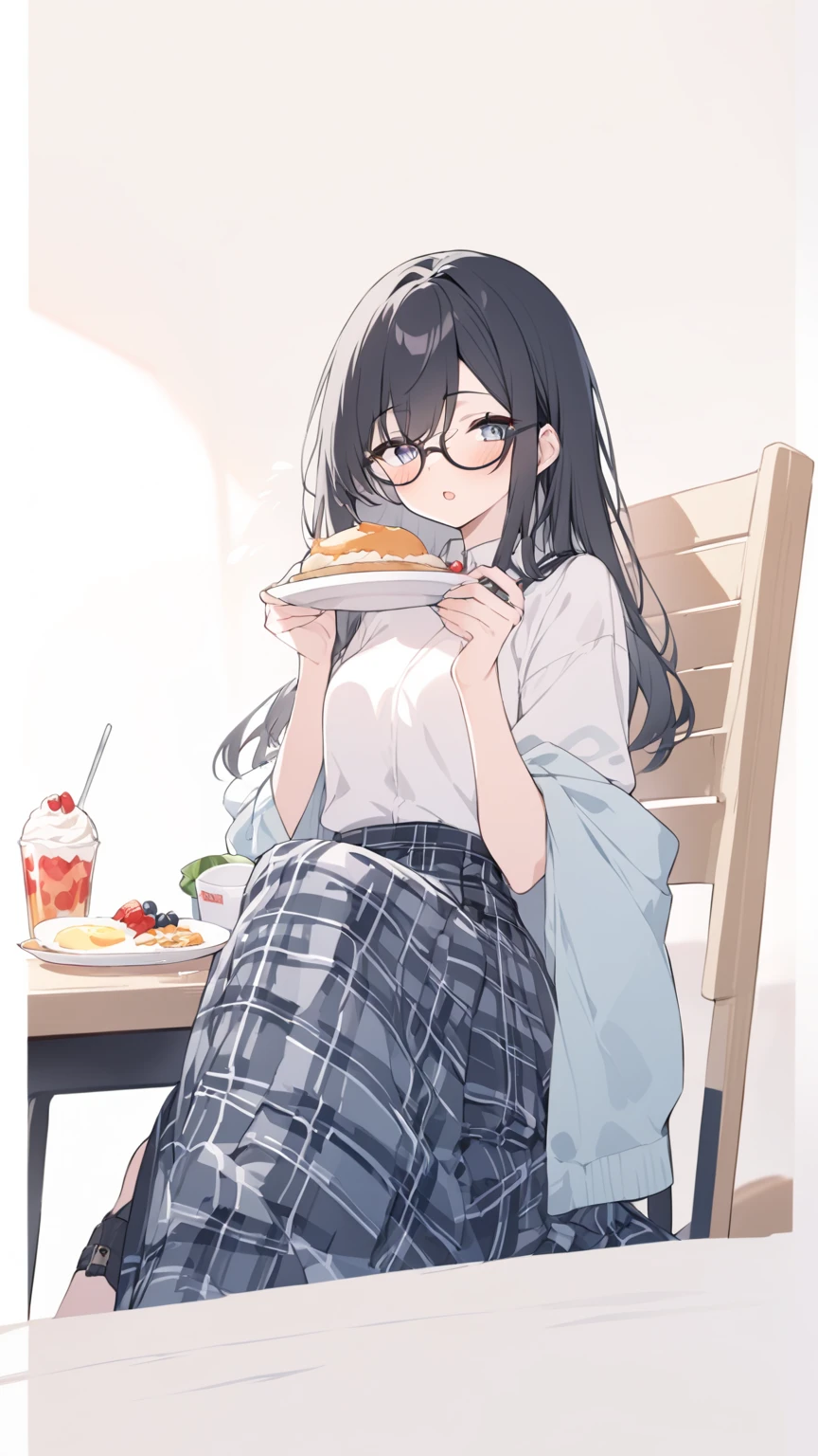 Black hair, glasses, having breakfast