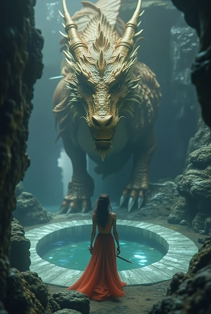 ((masterpiece)) ((hyper-realistic)) ((vibrant colors)) A mystical underwater scene featuring a serene woman in a flowing red dress, standing calmly in the center of a luminous circular pool. Above her, a majestic golden dragon with intricate scales and a fierce expression hovers, its large head looming from the shadows of dark, towering rock formations. The environment is illuminated with ethereal light, casting shimmering reflections on the water's surface, creating an atmosphere of awe and magic. The woman's stance conveys bravery as she holds a sword, ready to face the dragon in this enchanting fantasy realm.