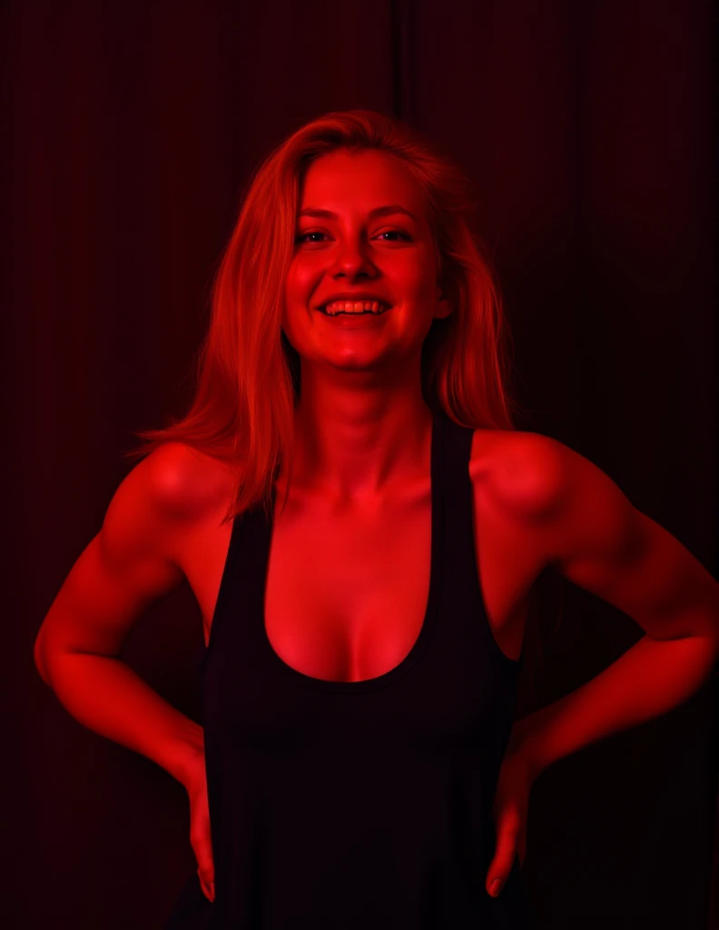 35mm portrait of a blonde woman, (wearing a tank top:1.5), midriff,cleavage,sexy,having happy in a dark nighclub,arms up,armpits,neon lighting,edgy:1.3, professional, atmospheric,dark,neon glow, red light,excellent dynamic range, masterpiece, excellent quality, ultra detailed, subtle lighting, soft focus, detailed shadows,SFW,