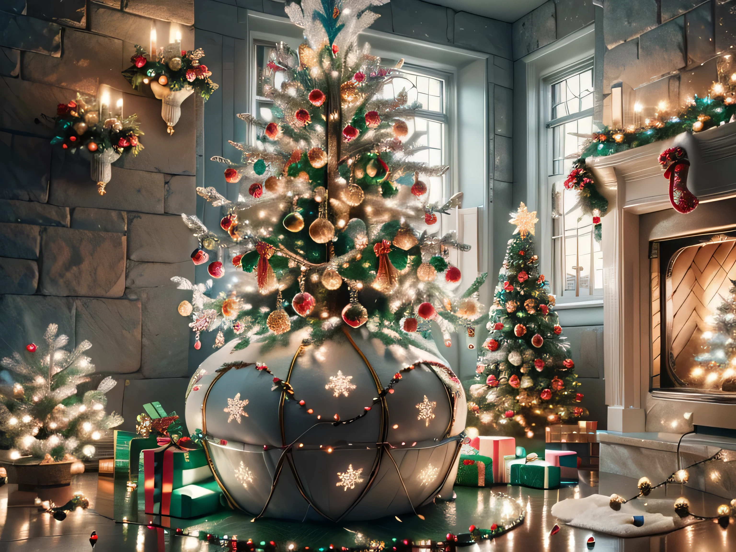 (Best Quality, Super Detail, Masterpiece, Representative Work, Official Art, Professional, Super High Detail, 8k:1.3) Christmas tree, created with garlands on the wall. The tree should be brightly lit, with multi-colored lights hanging from top to bottom. Use garlands in different shapes: some of them form the classic silhouette shape of the tree, and others create textures and patterns around it, in the form of Christmas tree ornaments and snowflakes. In the background is an image of a cozy room with warm lighting, decorated with Christmas decorations, such as hanging stockings, garlands and wreaths. Add details, such as soft toys and gifts under the "tree", to create a festive and cozy atmosphere. Aurorastyle, Highly detailed Dynamic shot, high quality, beautiful masterpiece, kawaii, digital art, glowing sparkles, Realistic, Beautiful, Soft Volumetric Light, (Backlight:1.3), (Cinematic:1.2), Intricate Details, (ArtStation:1.3), --auto --s2