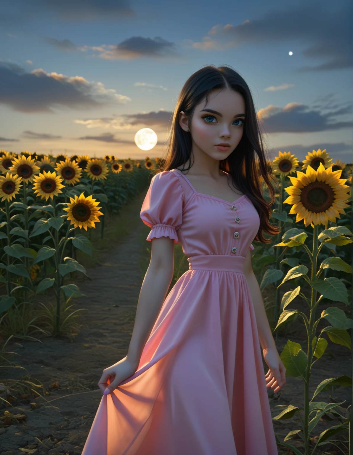 sunflower field, fog, night time, cloudy weather, moon shines through clouds, doll in pink dress stands in the sunflower field, blue eyes, black hair, doll shape has cracks