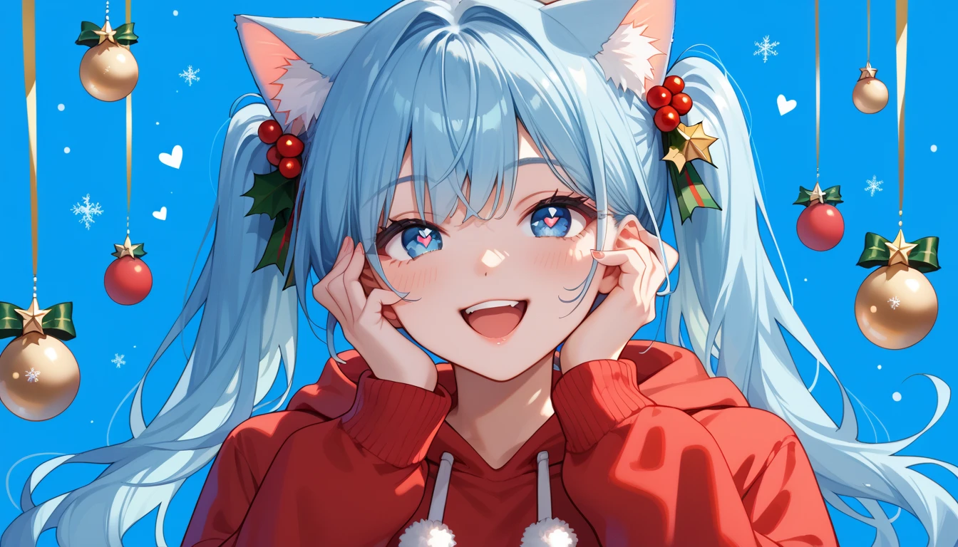 Christmas party, score_9, score_8_up, score_7_up, 1girl, cat girl, cat ears, animal ears, long hair, twintails, light blue hair, blue eyes, hoodie, pose, heart-shaped pupils, open mouth, happy, smile, far close up, simple background, blue background, Christmas decorations,