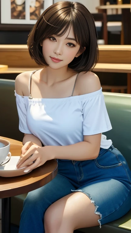 UHD, masterpiece, anatomically correct, super detail, best quality, 8k,  sharp focus 、( bust up shot :1.4)、Bust, Passport Photo,  full face, (Woman relaxing in a cafe :1.2)、 one beautiful woman 、28 years old、Tokyo、 woman sitting at a cafe drinking coffee、 BOB CUT HAIR、 white off-shoulder plain t-shirt 、Beautifully depicted eyes 、(( viewers:1.8)), ( staring at the camera)、 standing with different breasts 、 anatomically correct hands working in modern cities、